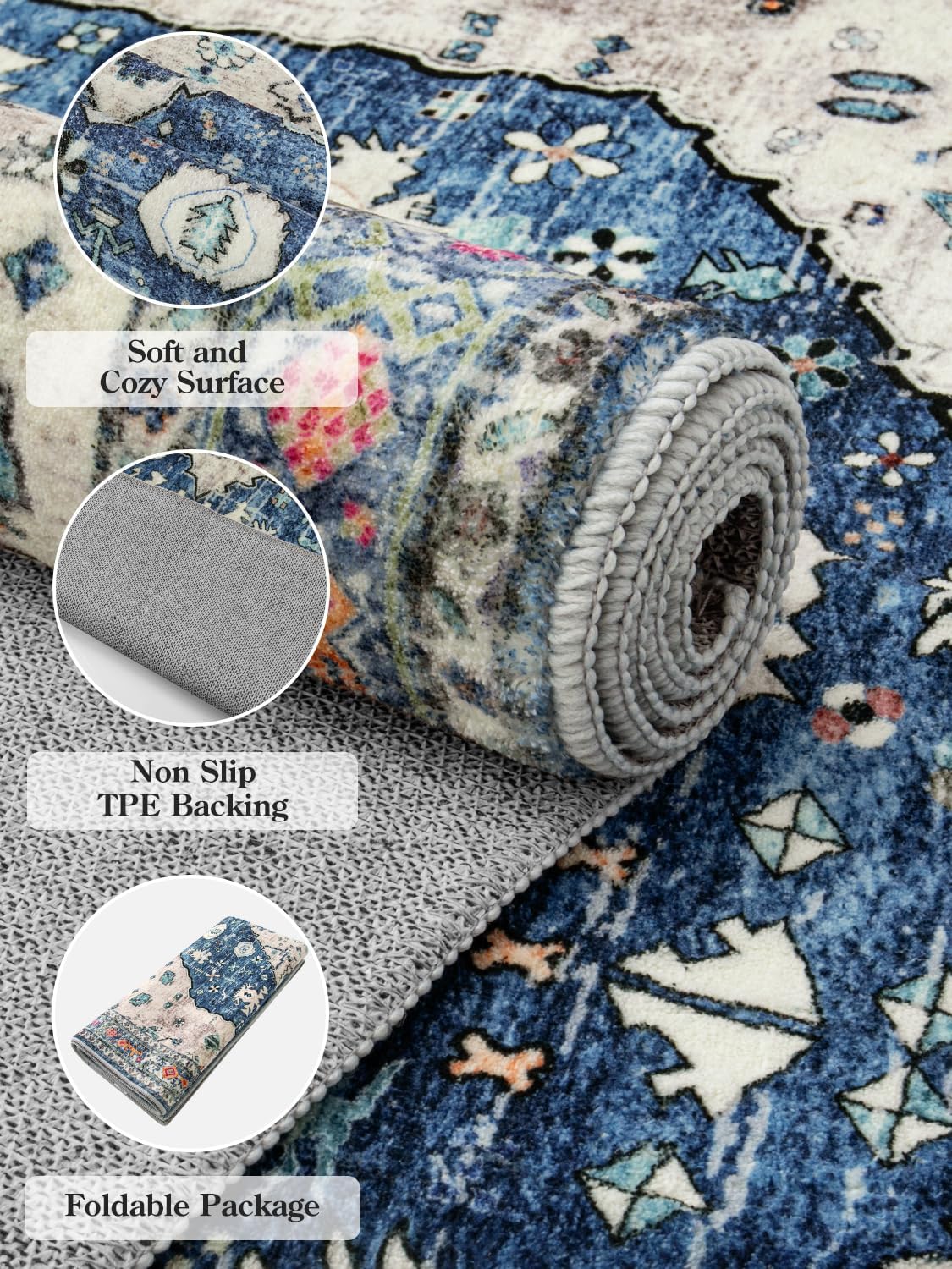 Tapis vintage à poils courts doux lavable antidérapant pour salon, chambre à coucher, chambre d'enfant, salle à manger, couloir, cuisine - Bleu - 40 x 60 cm