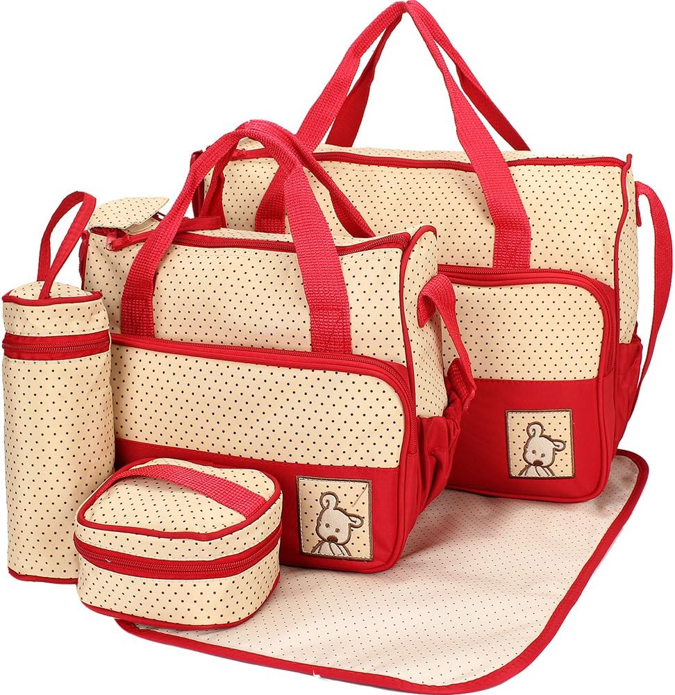 LANDUO 5Pcs LANDUO Women's Baby Diaper Nappy Tote Bag Set Large Waterproof Red