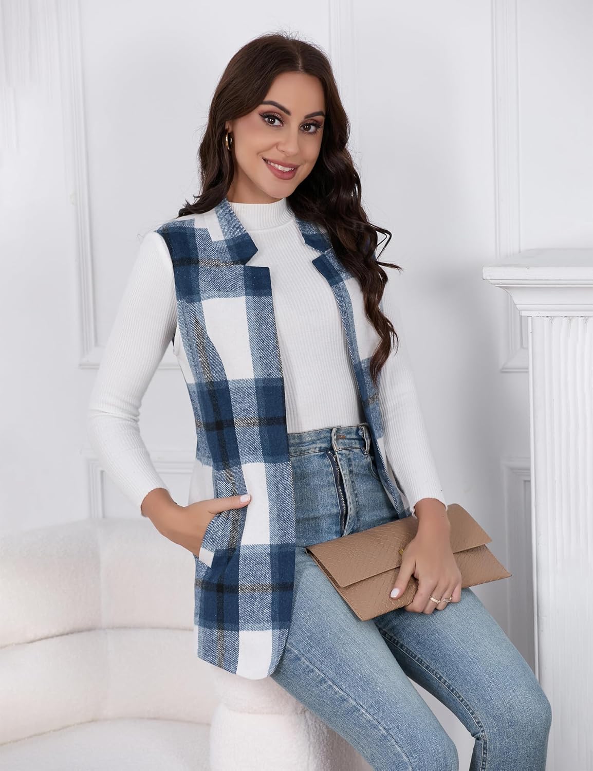 IDEALSANXUN Wool Plaid Vest for Women 2025 Fall Winter Sleeveless Blazer Jackets Trench Coat Casual Outwear Open Front Cardigan Top, Navy, M - Image 4