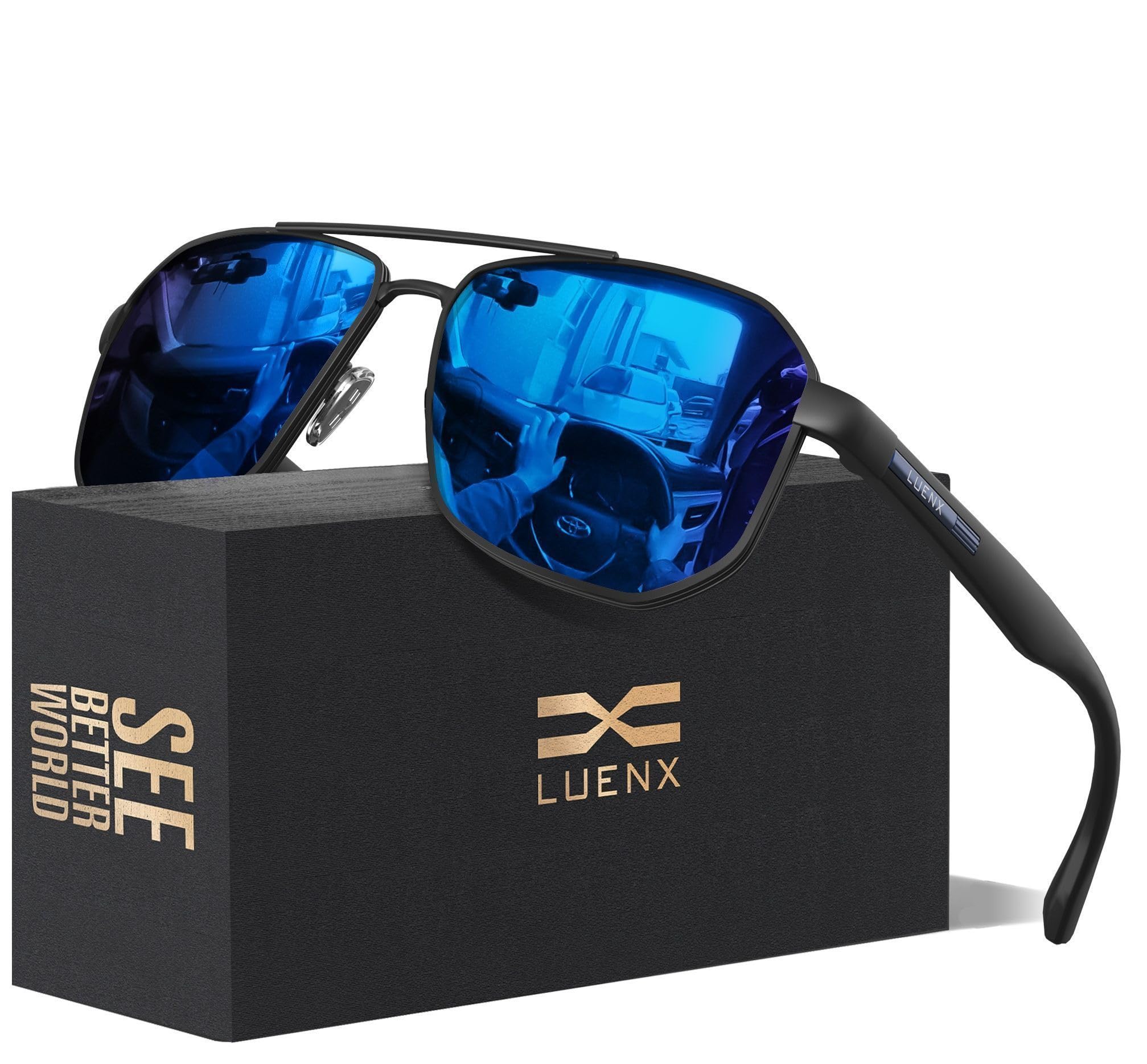 LUENXAviator Sunglasses for Men Square Polarized Polygon Lens - UV 400 Protection with Accessories 61MM Driving Outdoor