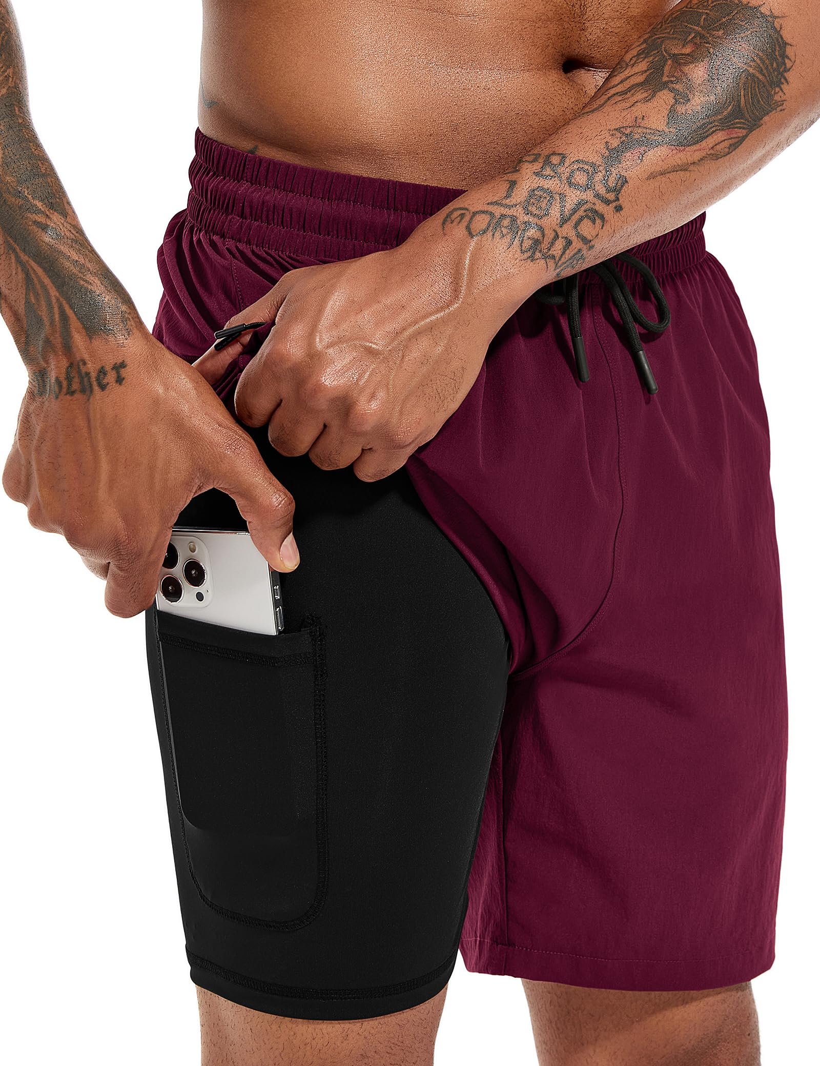 Atforna Badehose Herren Lang 2 in 1 Badeshorts mit Kompression Schnelltrocknend Atmungsaktiv Swim Shorts mit Reißverschlusstasche Verstellbar Tunnelzug
