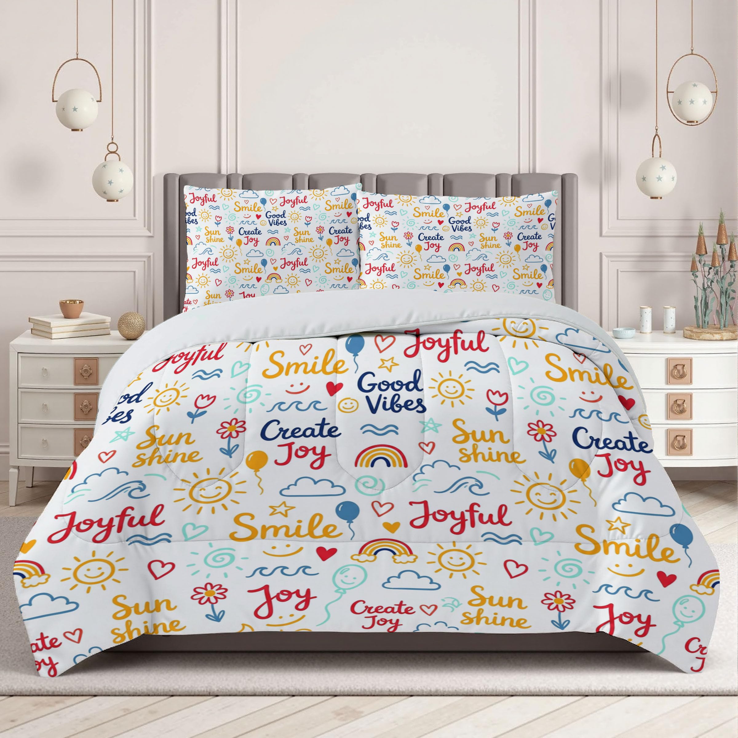 Citazioni Motivazionali Piumone Matrimoniale 200x200cm Reversibile Trapuntino Copriletto Leggera Graffiti Sole Nuvole Coperta Trapuntatura Morbido Alternativo in Piuma con Federe, Bianco