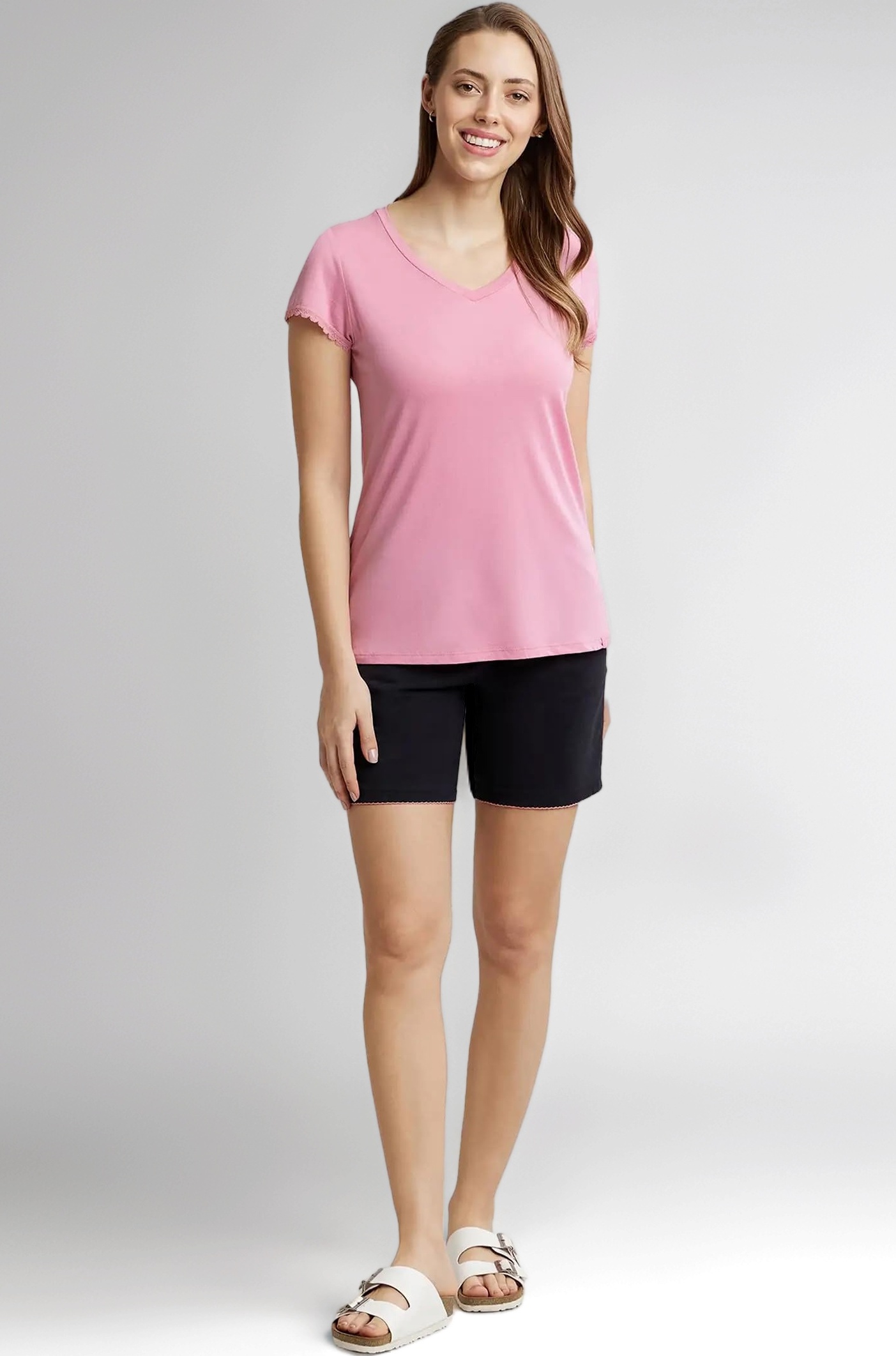 RX12 Women's Micro Modal Cotton Relaxed Fit Solid V Neck Half Sleeve T-Shirt with Lace Trim On Sleeves