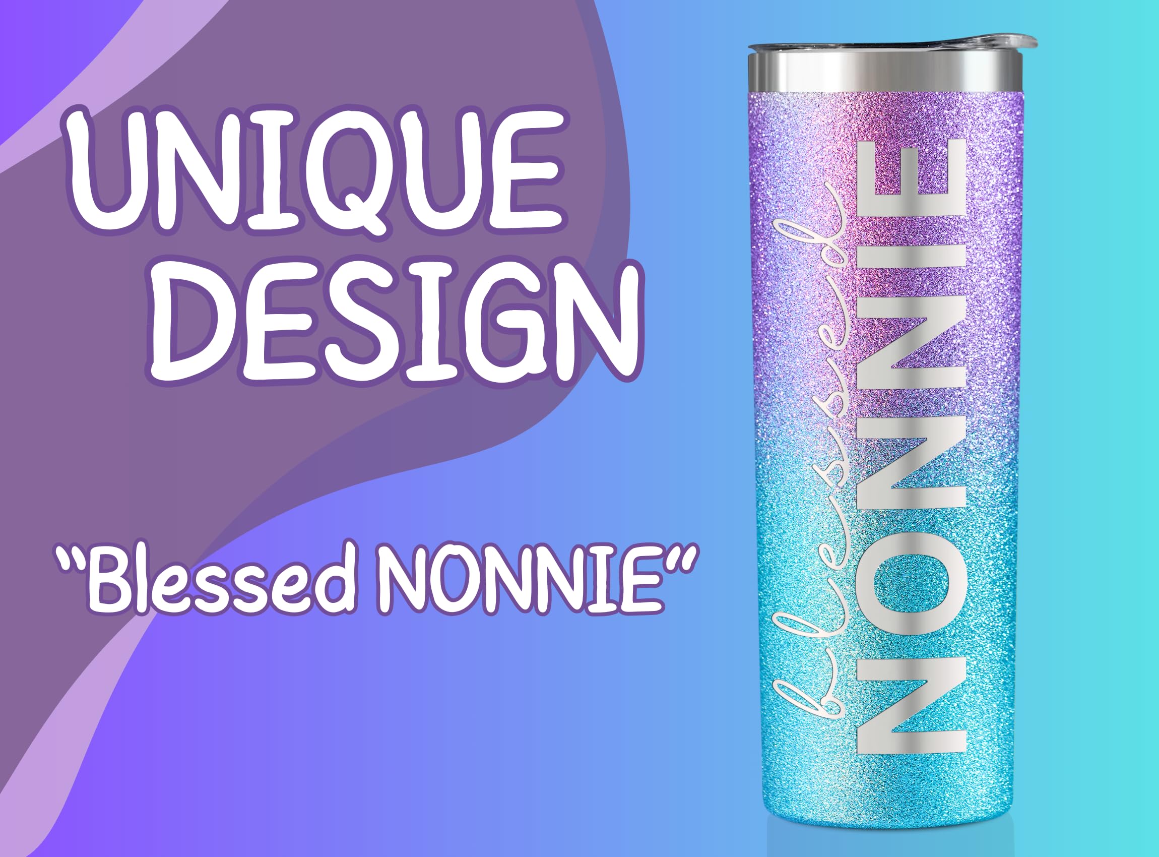 Onebttl Nonnie Gifts for Grandma's Mother's Day, 20oz Purple & Blue Glitter Skinny Tumbler, Straw & Lid Included, Christian Gifts for Blessed Nonnie