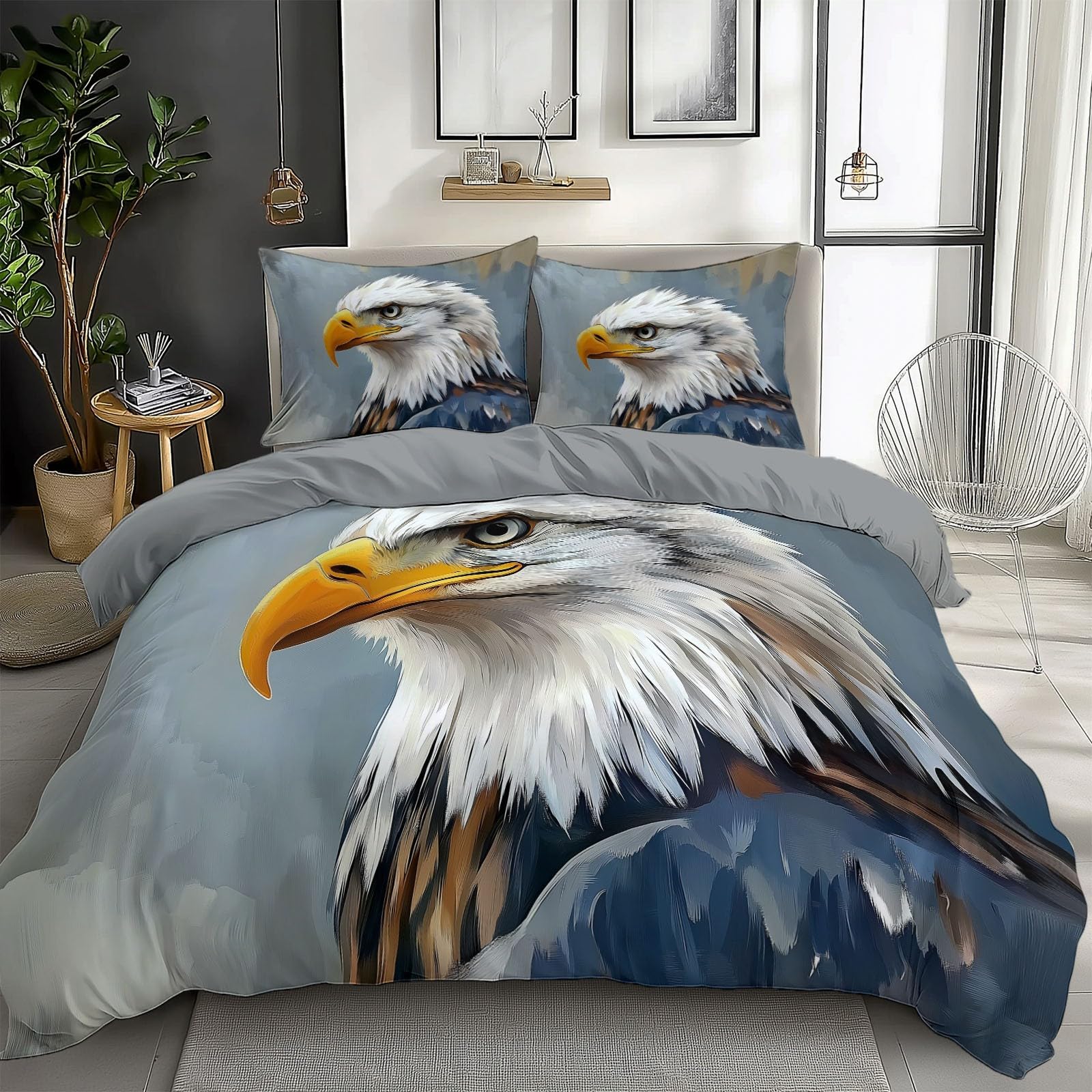 Juego de funda nórdica con estampado Sencillo Pintura Al óleo águila Calva para adultos, adolescentes De Microfibra con Cremallera Gris Funda nórdica Lavable - 230 x 220 cm Ropa de cama