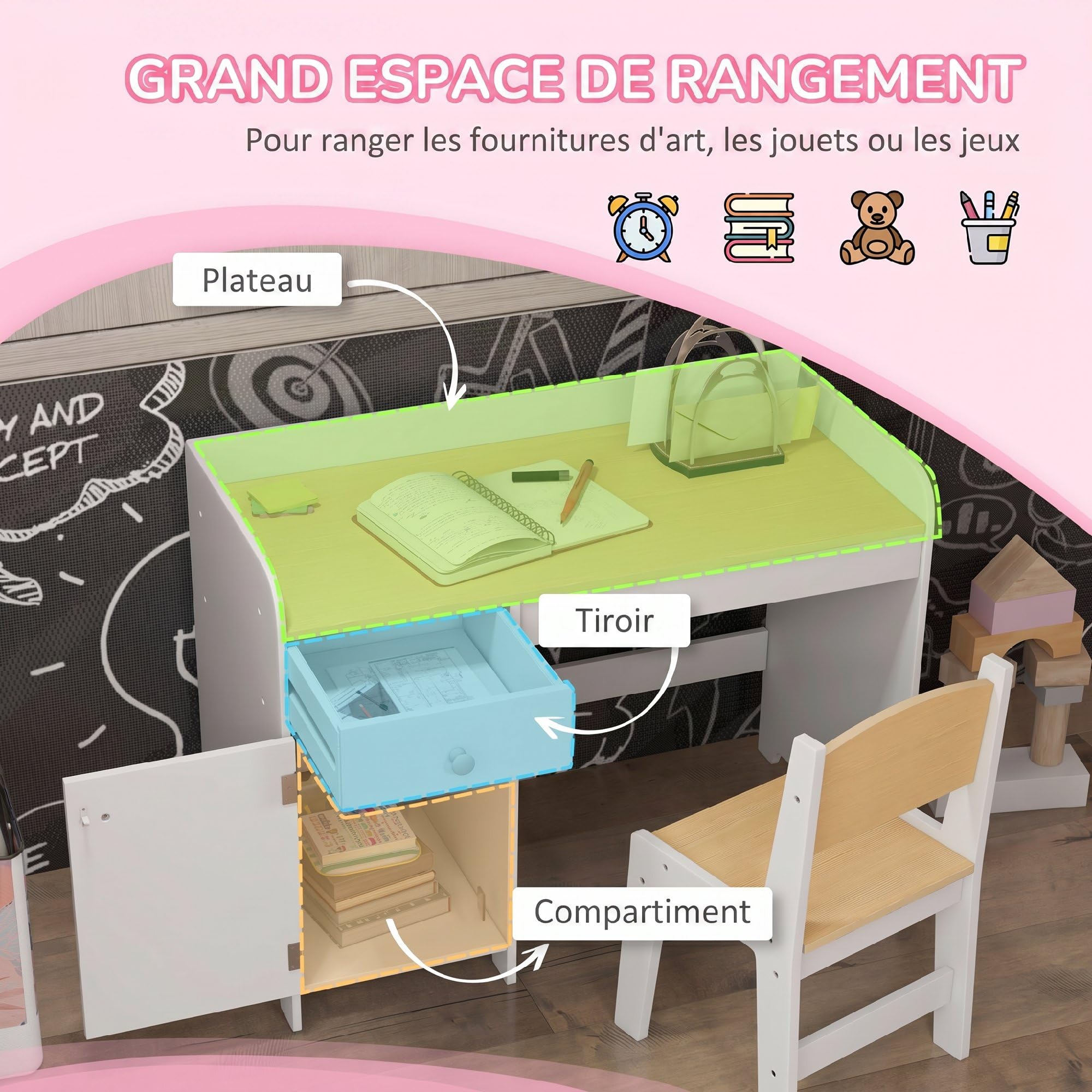 ZONEKIZ Bureau Enfant avec Chaise 3 à 6 Ans 80 x 39 x 59 cm Blanc