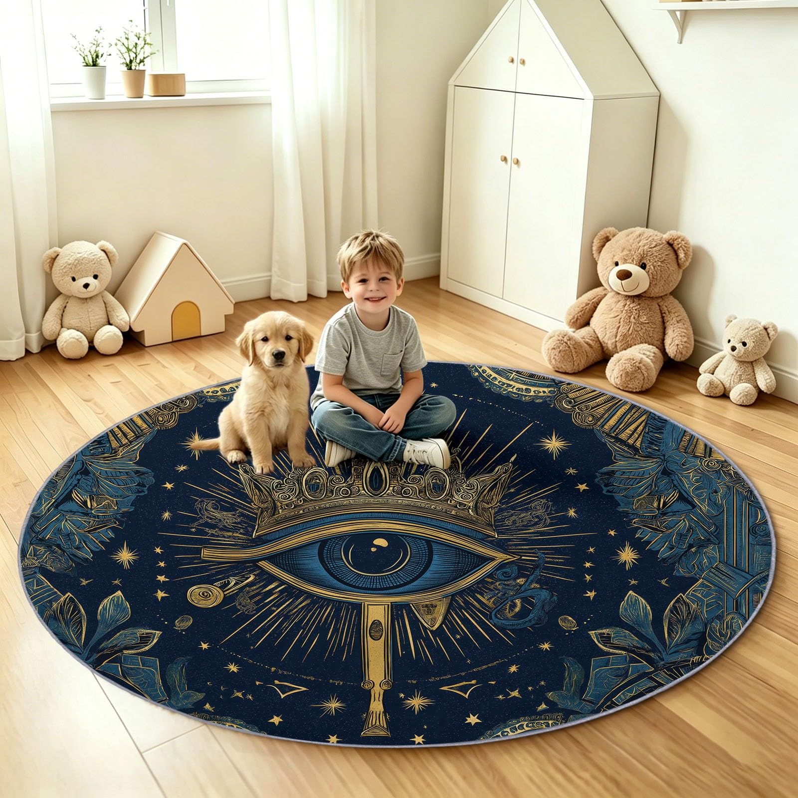 Generisch Okrągły dywan w stylu boho, do salonu, Ø 100 cm, miękkie krótkie runo, antypoślizgowy spód, łatwy w pielęgnacji, czarne oczy, korona do sypialni, dywan kuchenny