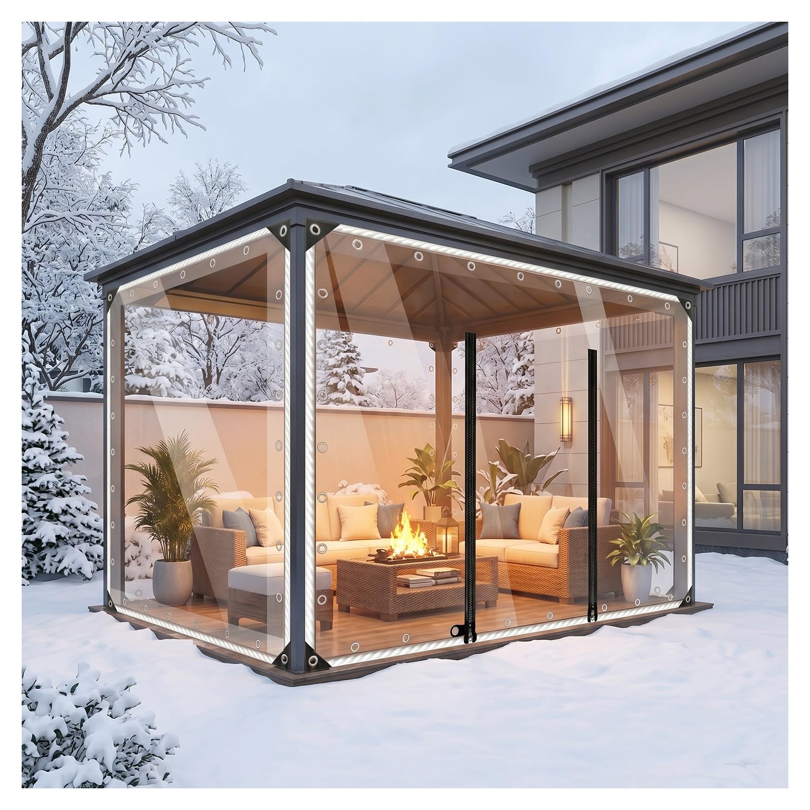 Clear tarps with grommets，clear tarps heavy duty waterproof，pvc clear waterproof tarpaulin with zipper，for Porch Patio,for Pavilions, Porches,Terraces,Rainproof Tarpaulin(H2.1xW3.5m/H6.8xW11.4ft)