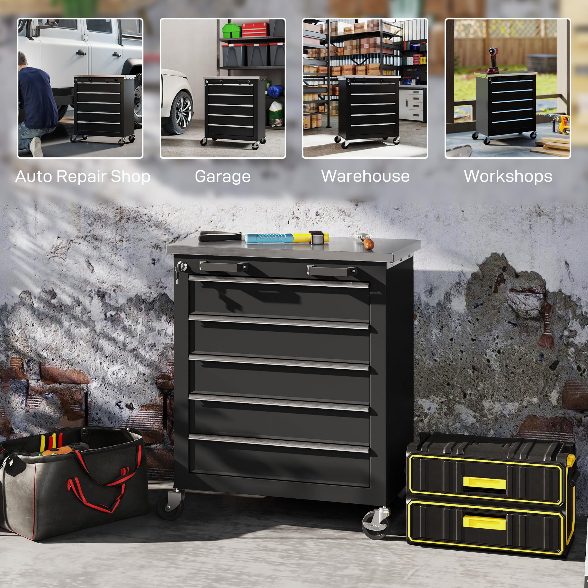 HOMCOM Carro de Herramientas con 5 Cajones y Cerradura, Carro de Taller con Ruedas con Freno, Encimera de Acero Inoxidable, Caja de Herramientas con Conectores Laterales para Garaje, Negro y Plata