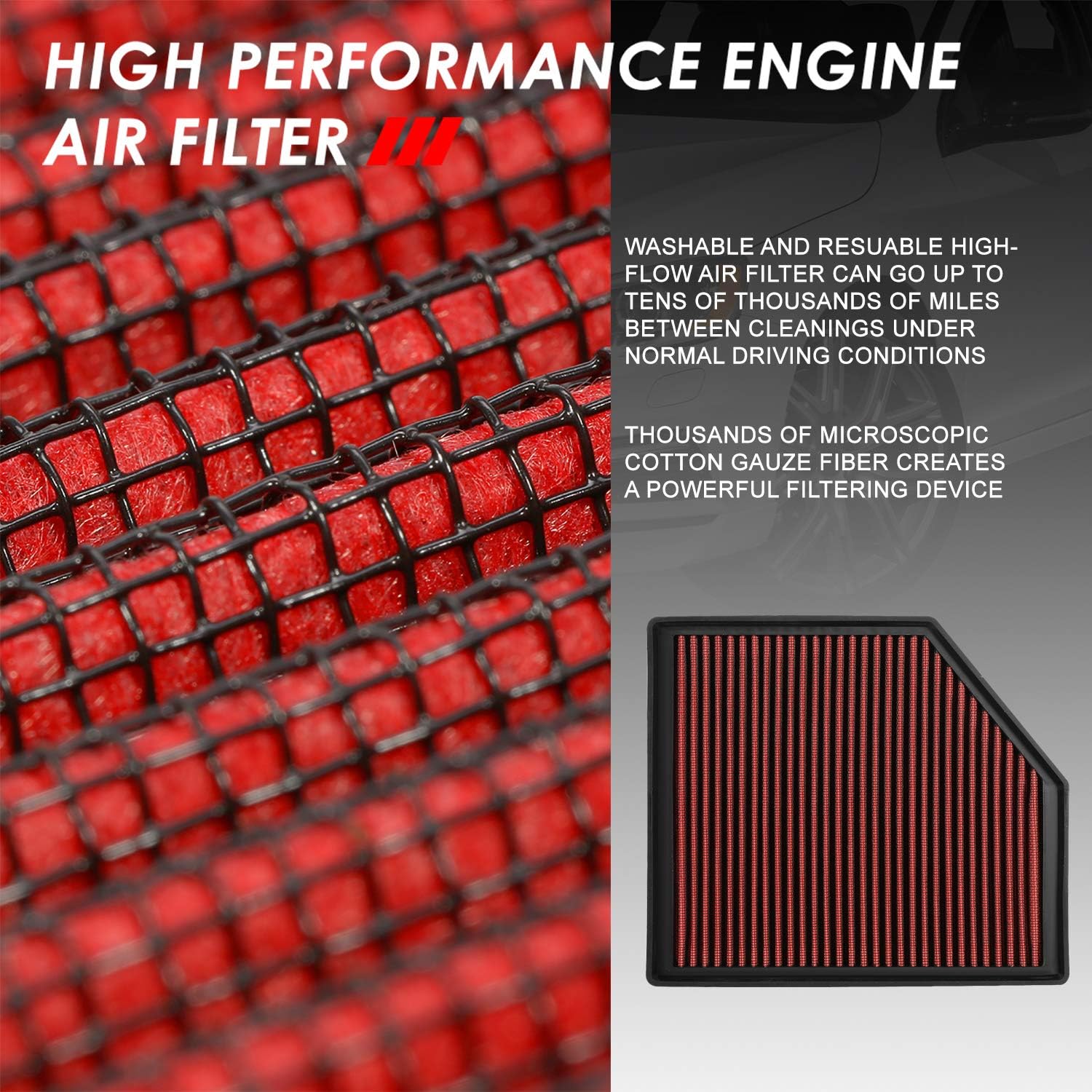 Auto Dynasty High Flow Engine Air Panel Filter Drop-in Reusable & Washable Reuseable Compatible with S30 S80 V60 V70 XC60 XC70 3.0L 3.2L 07-16 (Red)