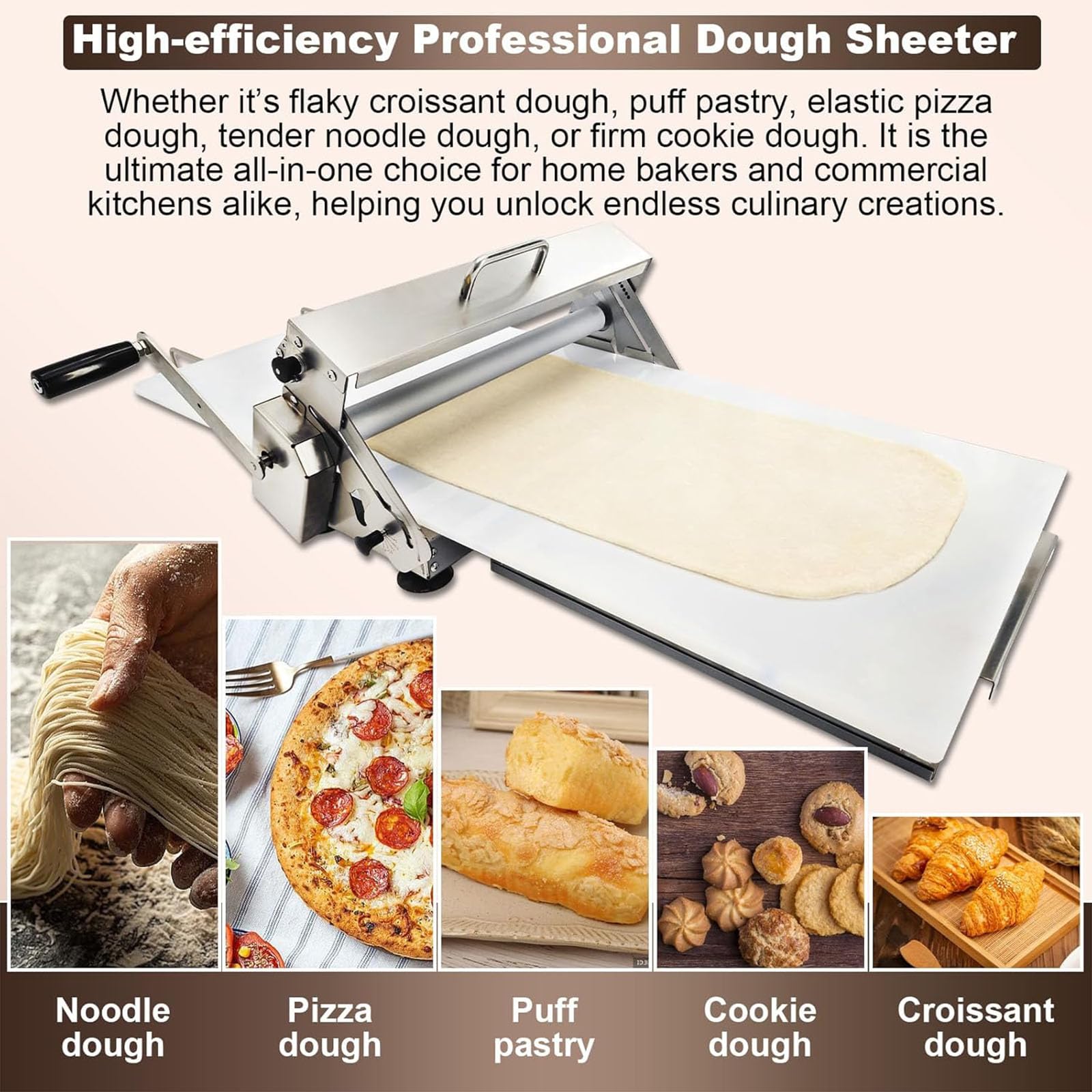 Teigblech, handbetrieben, Edelstahl, verstellbare Dicke 0-27 mm, für Pizza, Nudeln, dänisches Gebäck, kompaktes und faltbares Design