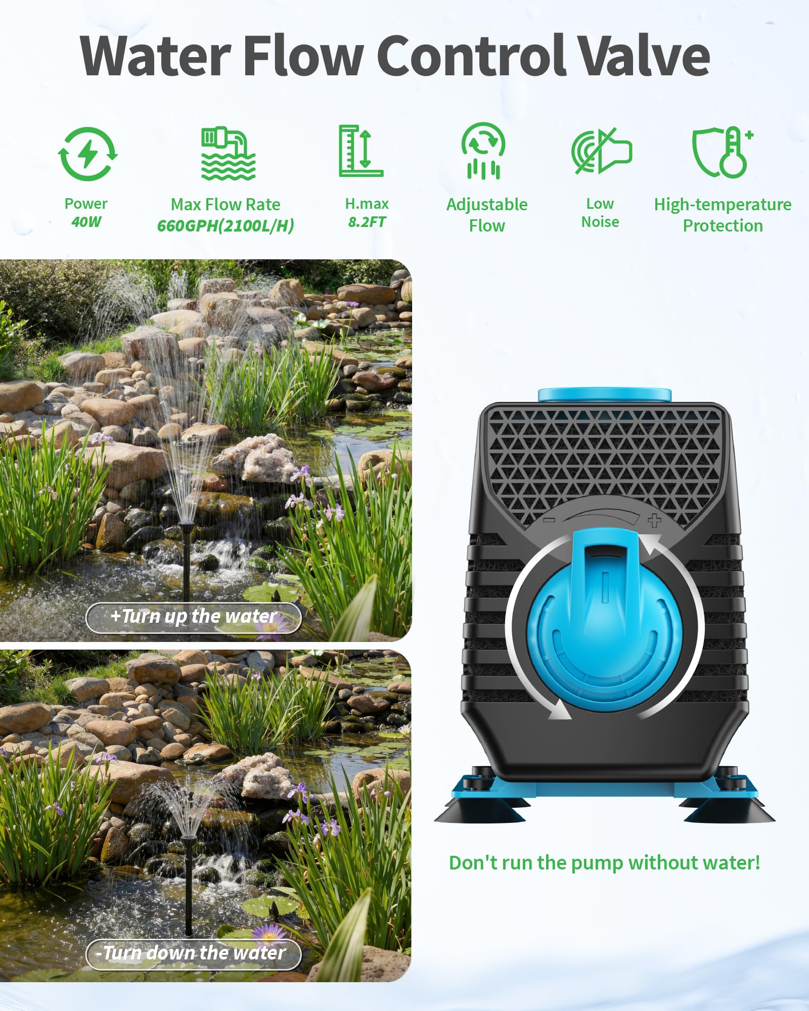 POPOSOAP Fuente para Estanque con Luces RGB - Bomba Sumergible 40W, Caudal 2100 l/h, Altura y Caudal Ajustables para Decoración Diurna y Nocturna del Estanque y Mejora de la Calidad del Agua