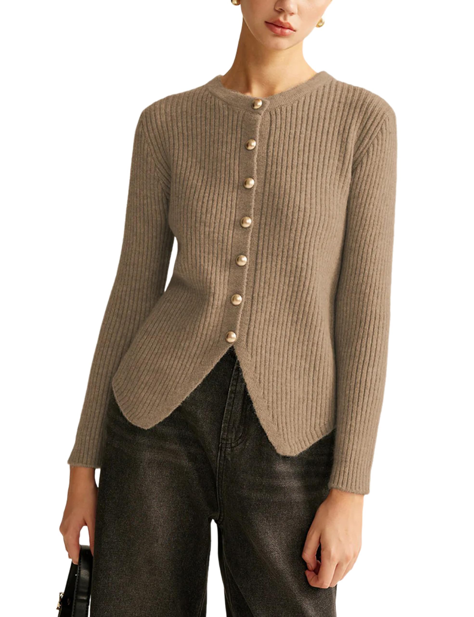 Womens Ribbled Knit Split Buttons Down Sweater Fall Trendy Long Sleeve Crewneck Slim Fit Sweaters