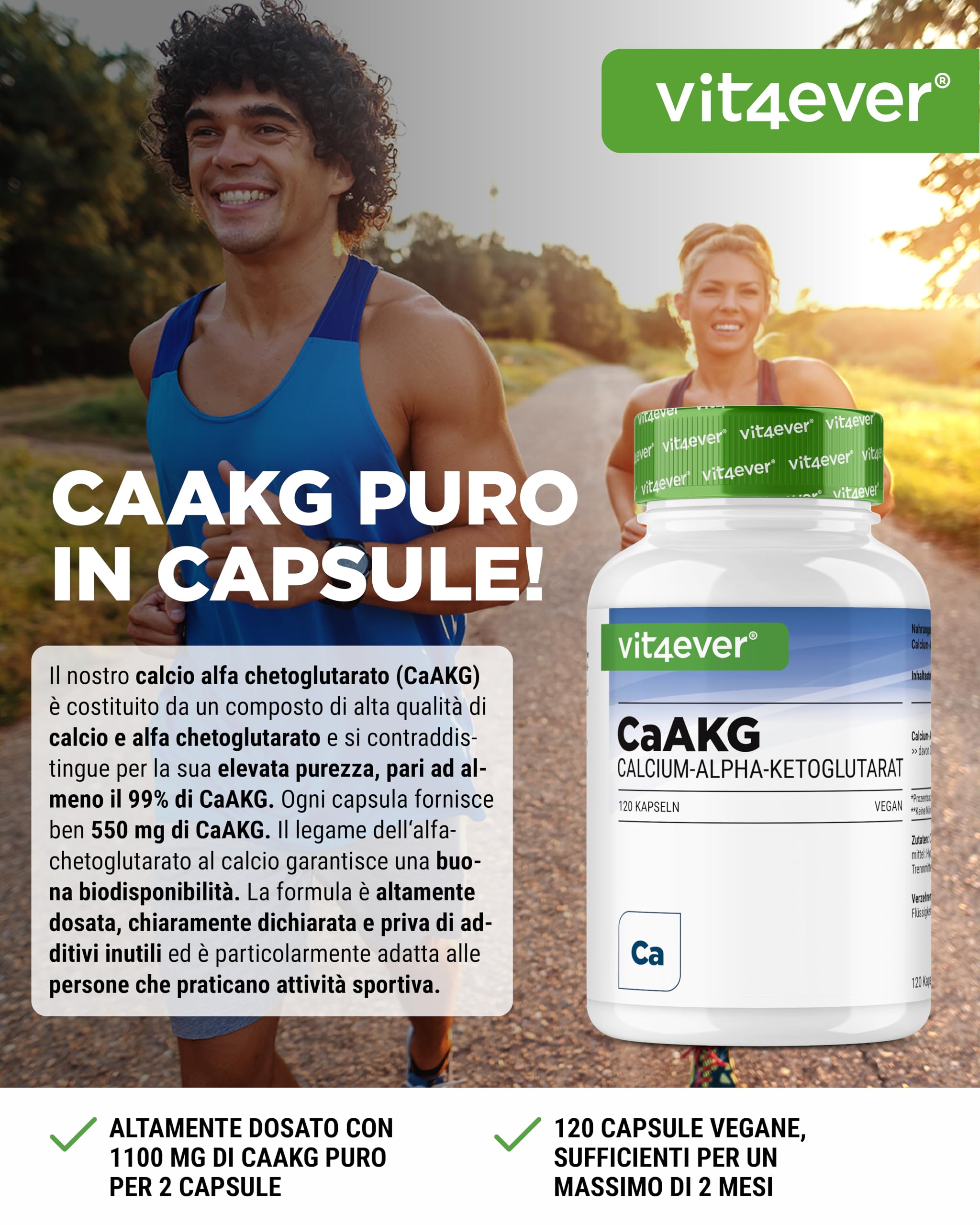 CaAKG - Calcio Alfa-Chetoglutarato - 120 Capsule - Alto Dosaggio con 1100 mg di Dose Giornaliera - Calcio Puro e Alfa-Chetoglutarato Senza Additivi Inutili, Vegano