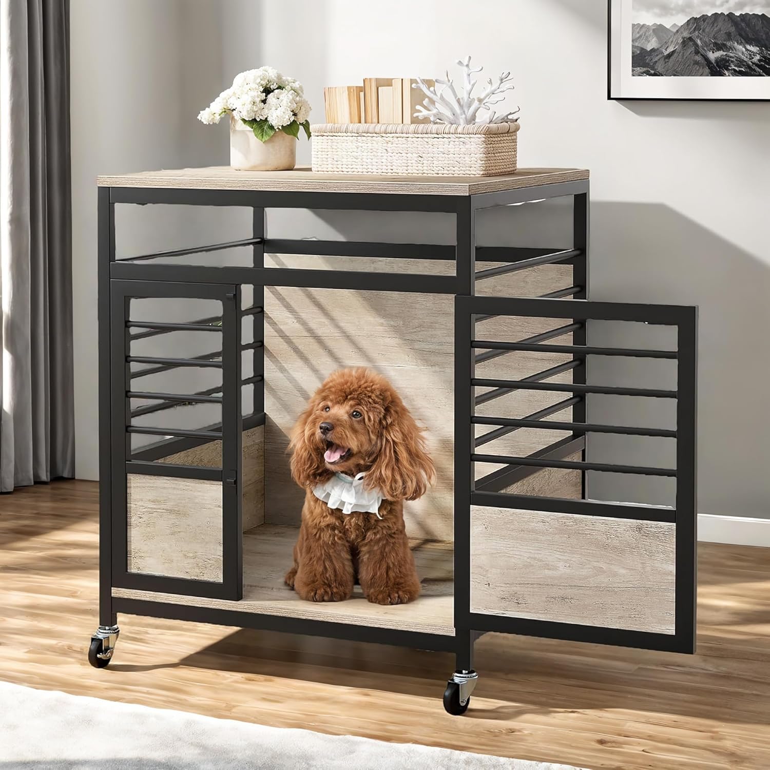 YITAHOME 24" Dog Crate Furniture with Wheels, Farmhouse Decorative Wood Dog Cage End Table Chew-Resistant Wooden Dog Kennel Indoor for Small Dogs, Grey