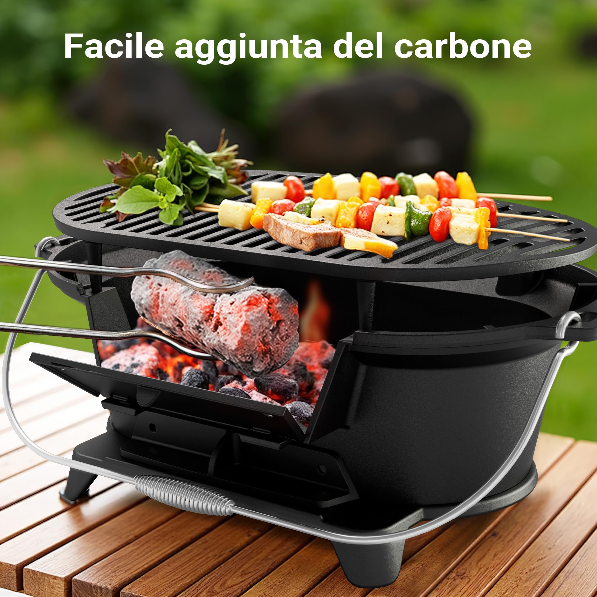 Wiltec Pentola in ghisa con griglia, barbecue portatile a carbonella con sistema di aspirazione, 50x27x21 cm, griglia da campeggio
