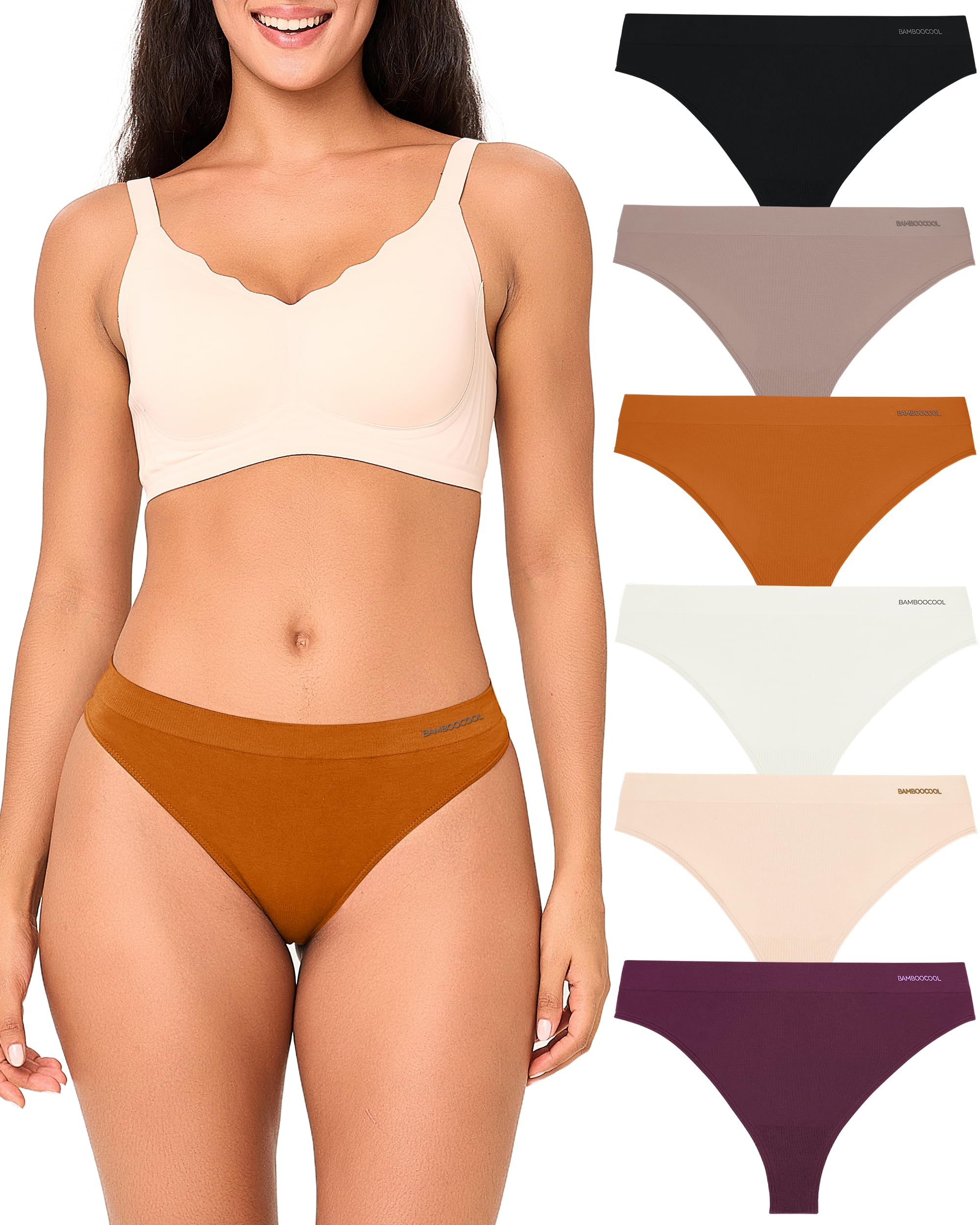 BAMBOO COOL Womens Thongs Seamless Moisture-Wicking Breathable Underwear High Stretchy Mid Waisted Panties Tagless 6 Pack