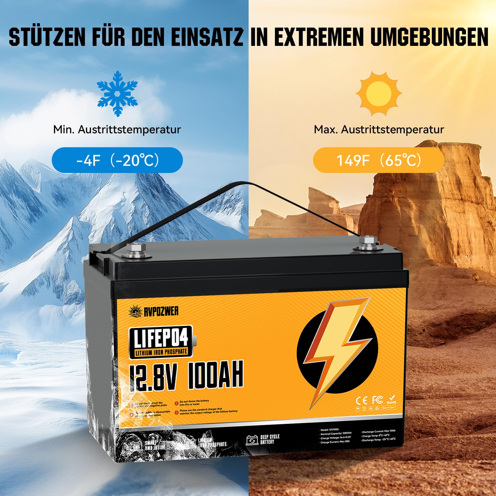 12V 100Ah LiFePO4 Batterie, Eingebauter 100A BMS, 18000 Tiefzyklen, Gruppe 31, Leichte Lithium-Eisenphosphat-Batterie für Hausenergie, Wohnmobil, Trolling-Motor, Marine, Solar, Off-Grid