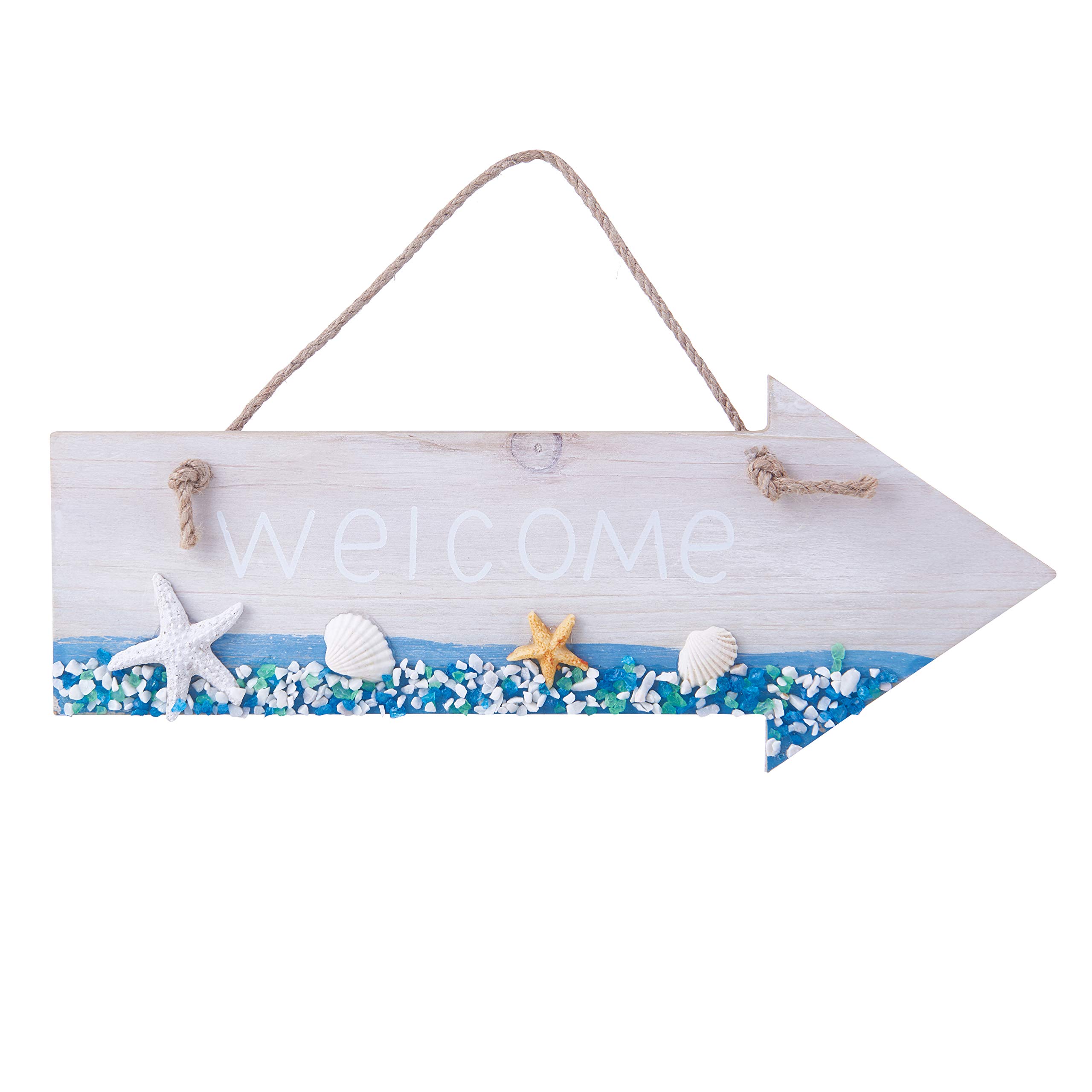 Cute Nautical Wooden Home Decor Welcome Sign Plaque with Small Stones,Starfish and Sea Shell,Wedding Accessory,12"x4.8" (Arrow)