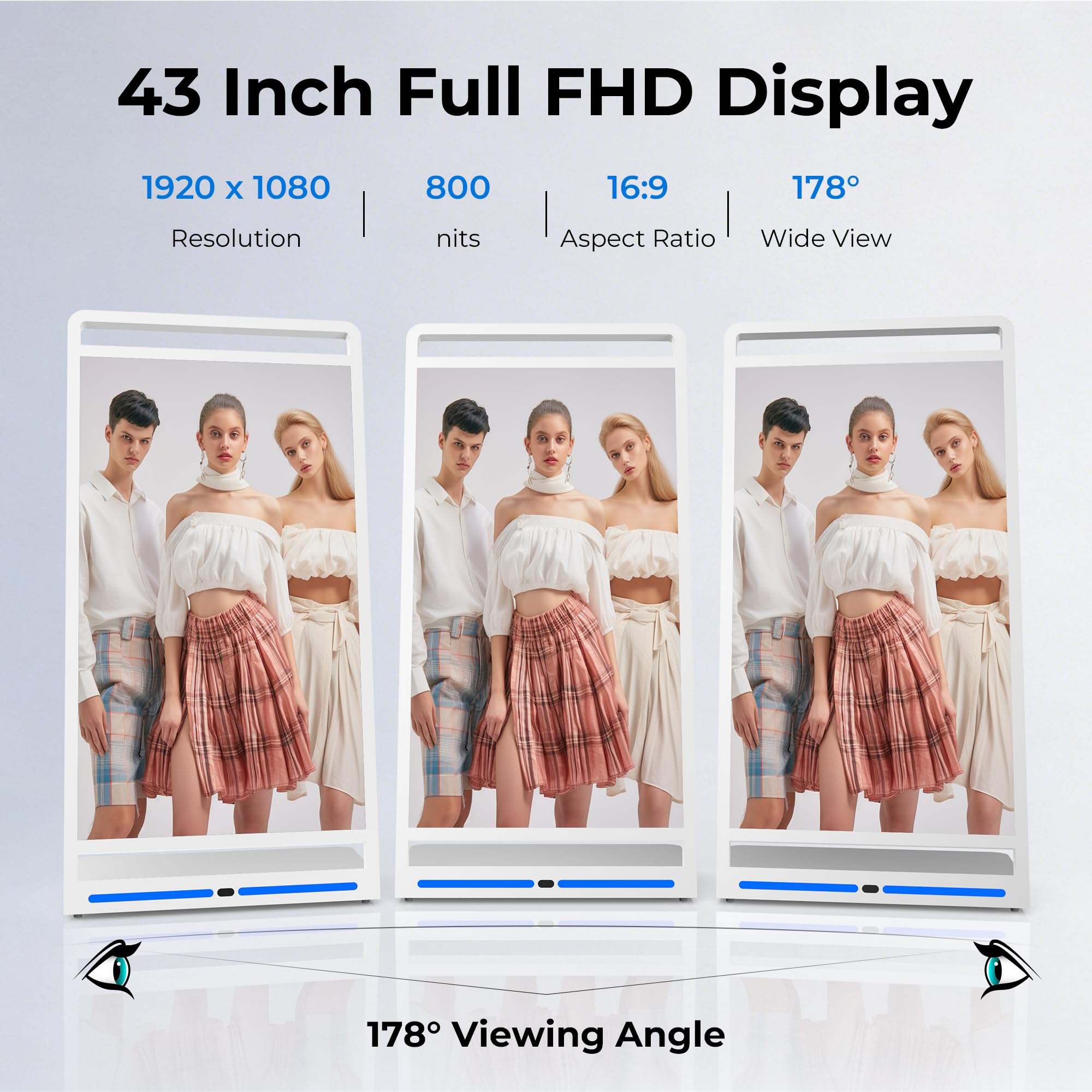43 Zoll Digitaler Kundenstopper, Faltbarer Full HD LCD Werbeaufsteller mit Android 14, Fahrbares Werbedisplay mit Rollen, Kostenloses CMS, Mobiler Digital Signage Kiosk, USB/WiFi/HDMI