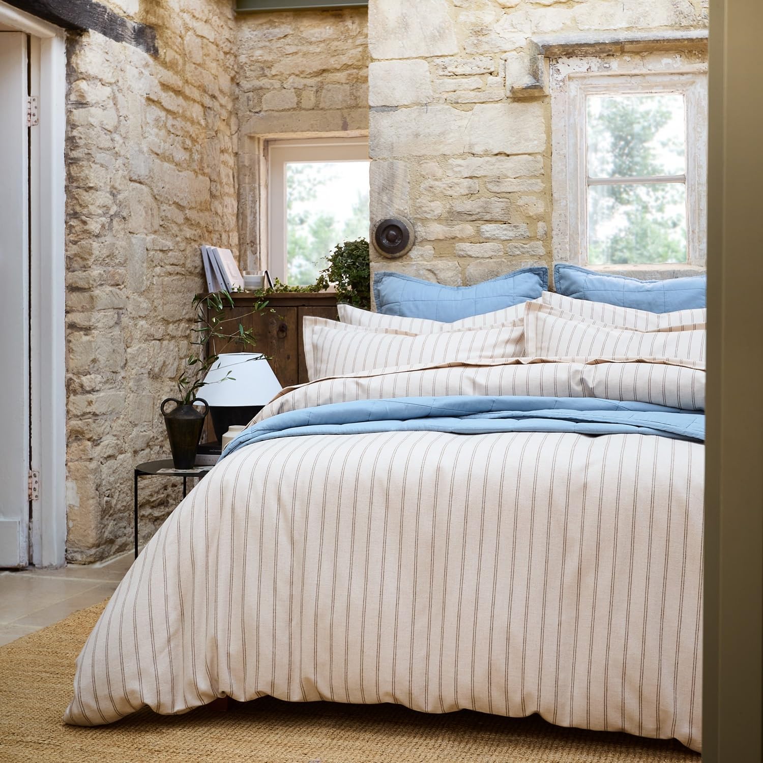 Christy Flannel Stripe Queen Sheet Set Brushed Cotton | Luxury Bed Linen | Super Soft and Silky Finish | Oat Beige