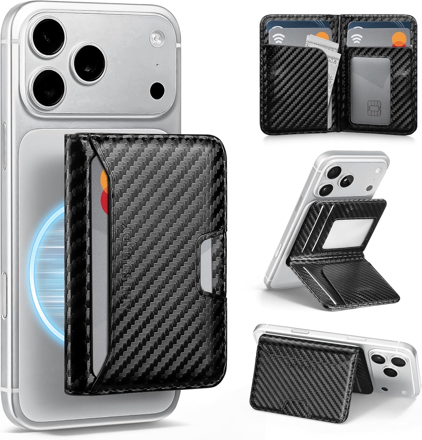 Antsturdy for Magsafe Wallet Stand with Holder,PU Leather RFID Blocking Card Holder,5 Card Slots,Flip Folio Kickstand for iPhone 17/16/15/14/13/12/Pro/Max/Plus,Not Fit iPhone Mini,Carbon Black