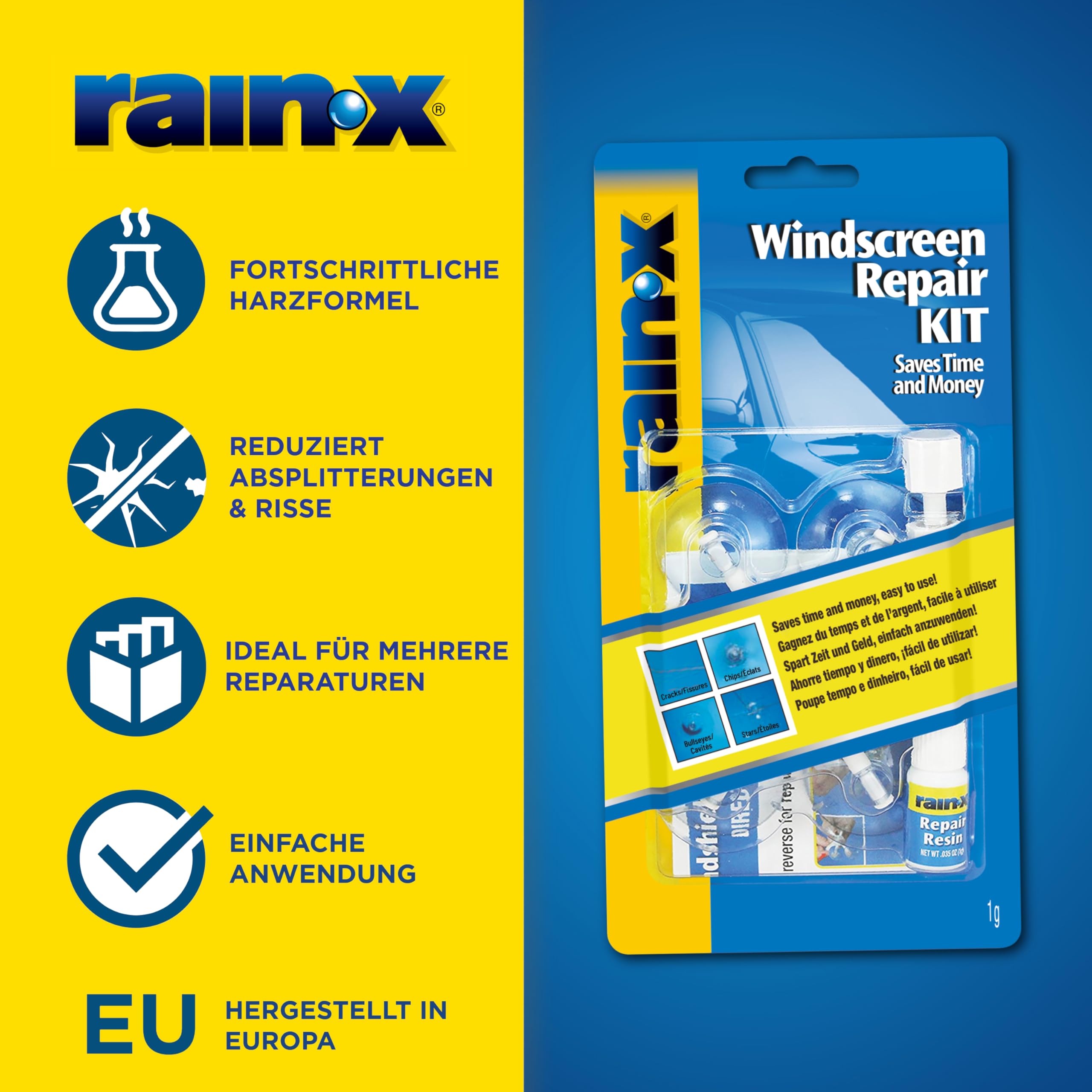 Rain-X Windschutzscheiben Reparaturset - Risse und Steinschläge Reparieren - Einfache Anwendung - Ultrafestes Harz für Langanhaltende Ergebnisse - Für Schäden bis 30 cm