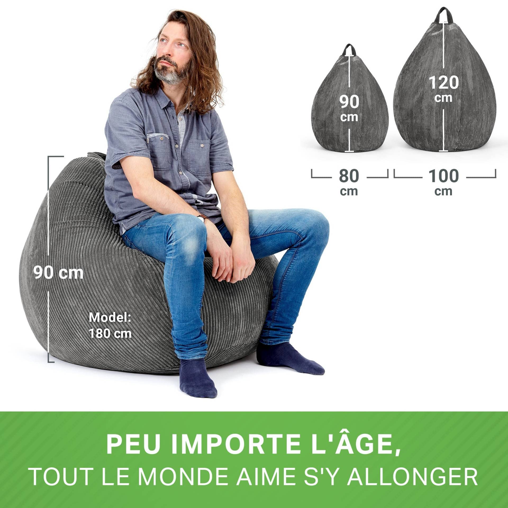Green Bean© Pouf d'Intérieur 90x110cm Remplissage de Perles EPS & Tissu en Velours Côtelé Doux Lavable - Intérieur Coussin Sol Siège Repos Tabouret Chaise Fauteuil Relax Enfants Adultes Tissu Gris