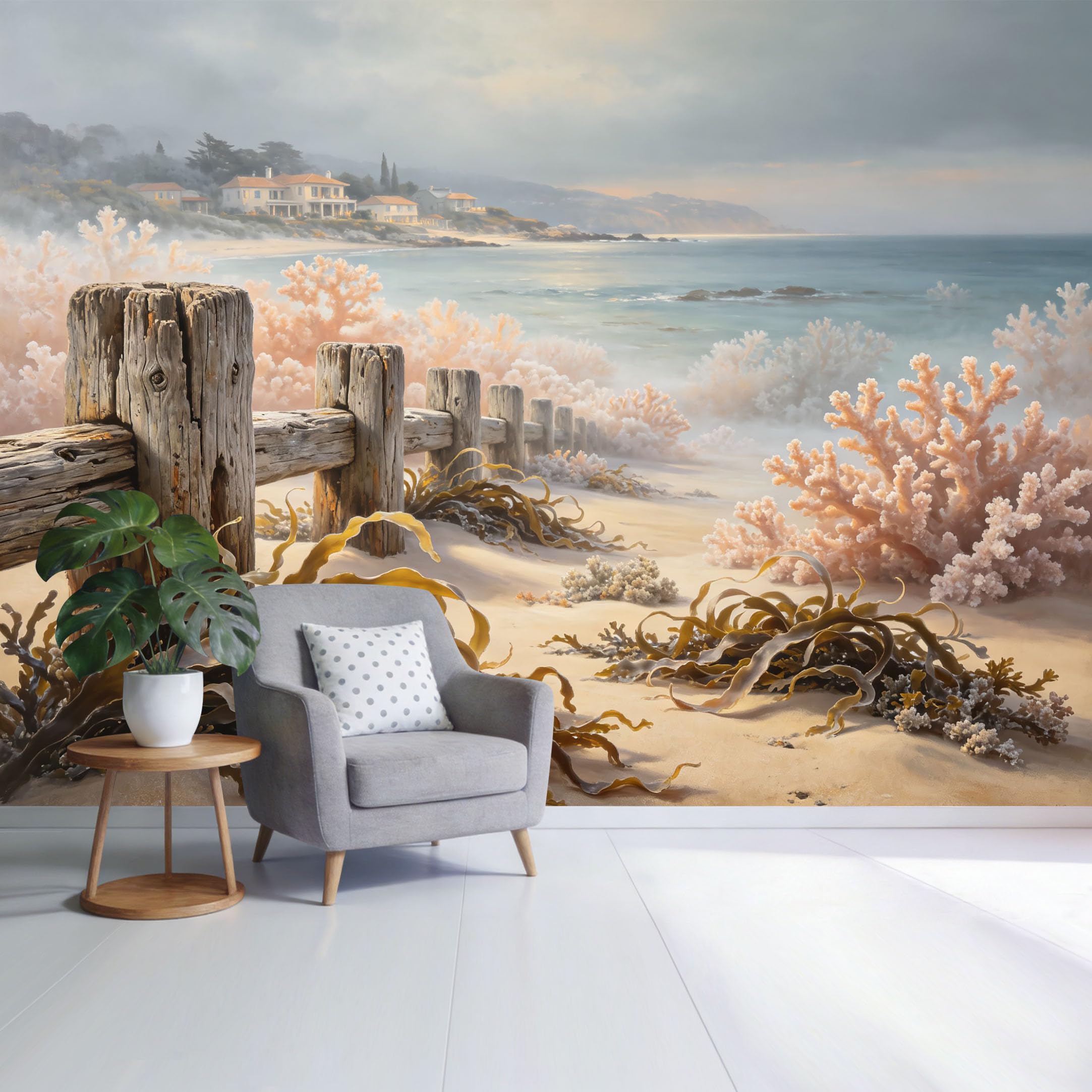 Custom Size Wall Mural Coastal Ocean Beach Fence Coral Seaweed Shoreline Landscape SelfAdhesive Wall Fabric Removable Wallpaper for Home Office Decor