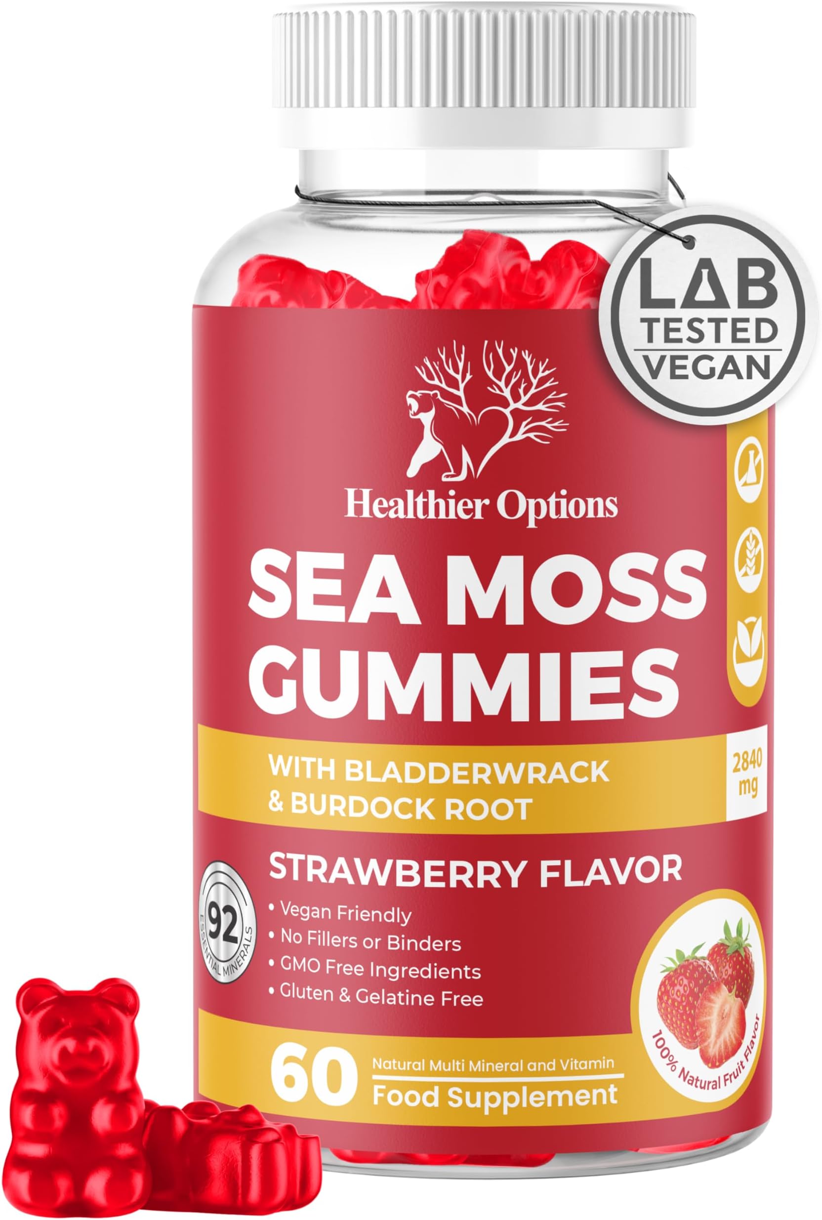 Irish Sea Moss Gummies with Bladderwrack & Burdock Root 5680 Mg | 60 Gummies | Strawberry Flavour | Vitamins & Minerals | Organic, Natural, Vegan, Gluten Free, Non GMO, High Strength