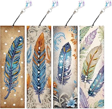 DCIDBEI 4 Pack DIY Paint by Numbers Kit for Adults Bookmarks 20x6cm Page Book Marks for Teachers Students Book Reading Lovers for School Office Diamond Art Kits for Adults Marker Clips Feather