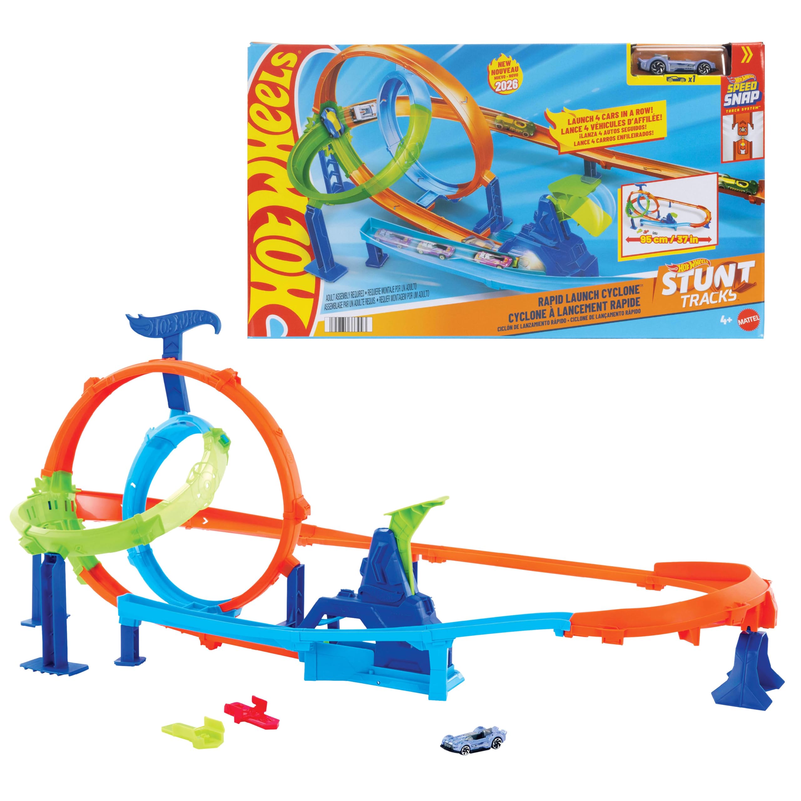 Hot Wheels Stunt Tracks Rapid Cyclone Spielset und 1:64 Auto | Strecken-Set mit 2 Loopings und 2 Crashzonen, inkl. 1 Druckguss-Fahrzeug, Speed Snap Track kompatibel, JHK73