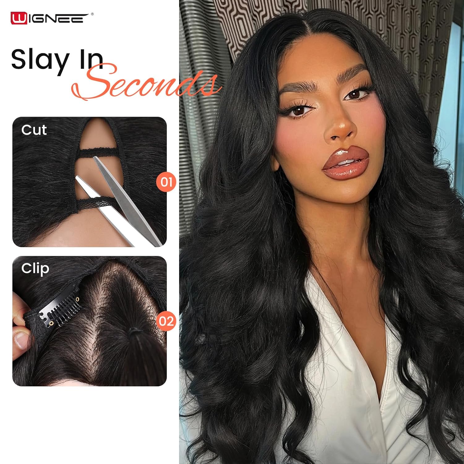 WIGNEE Yaki Curly V Part Wig 26 Inch Synthetic Half Wig Glueless U Part Wig with Filp Curls Curly Half Wigs For Black Women Daily Party Use(Natural Black)