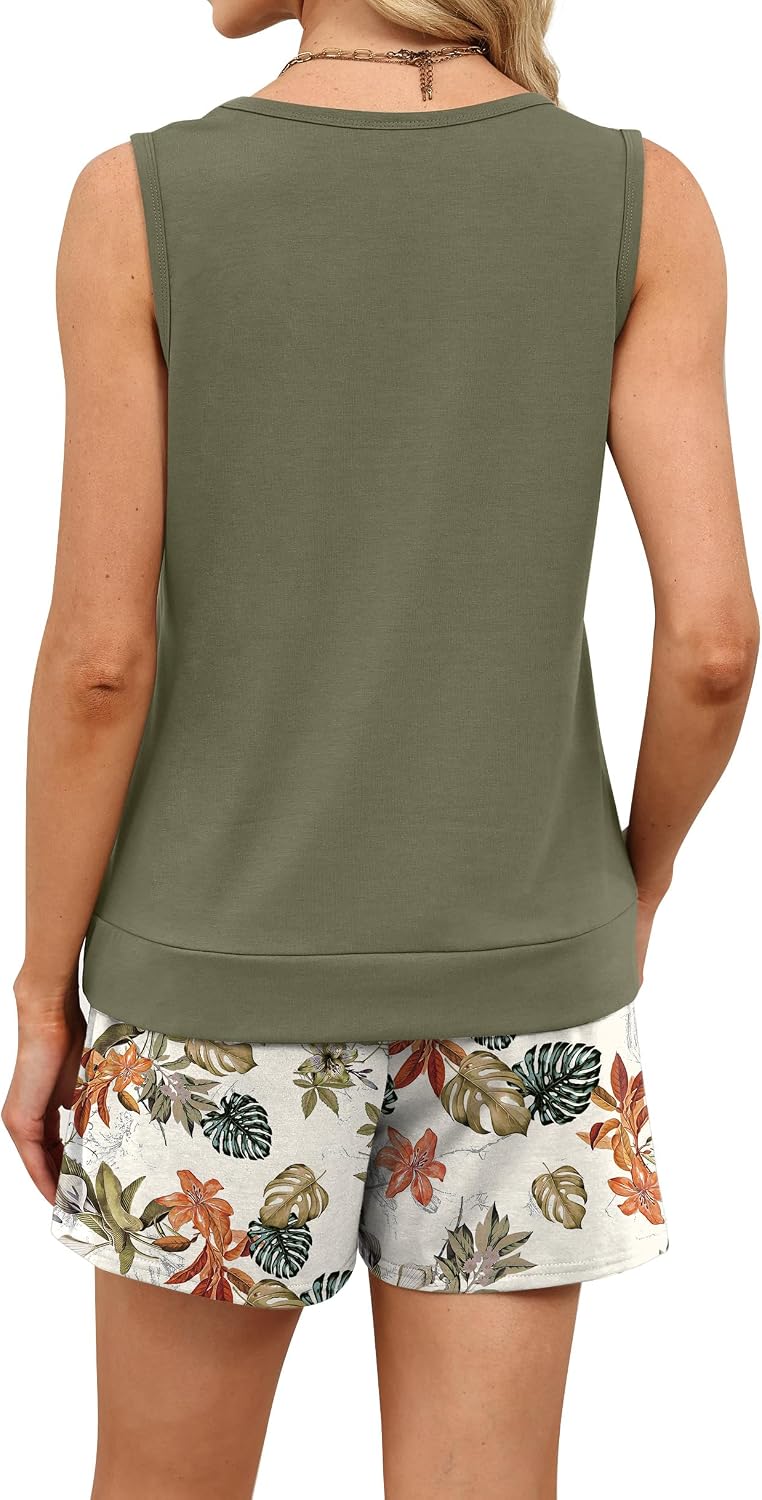 WIHOLL Two Piece Sets for Women Summer Lounge Short Sets Tank Square Neck Sleeveless Sweatsuit with Pocket