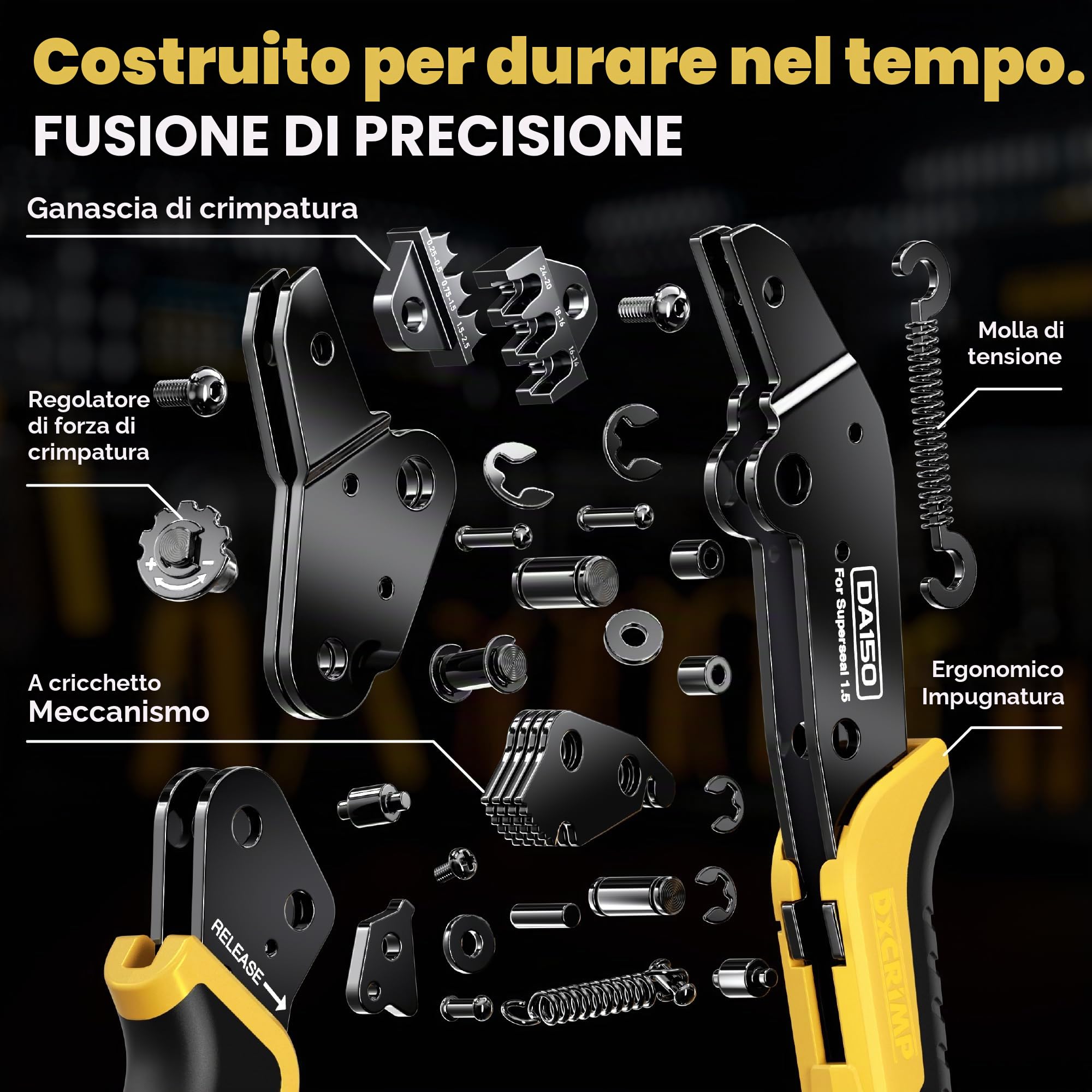 DxCRIMP Kit Crimpatura Auto con Connettori Impermeabili 2.8mm 1,2,3,4 Poli - Pinza a Cricchetto per Terminali 24-14 AWG (0.2-2.5mm²), Include Estrattori e Set Connettori