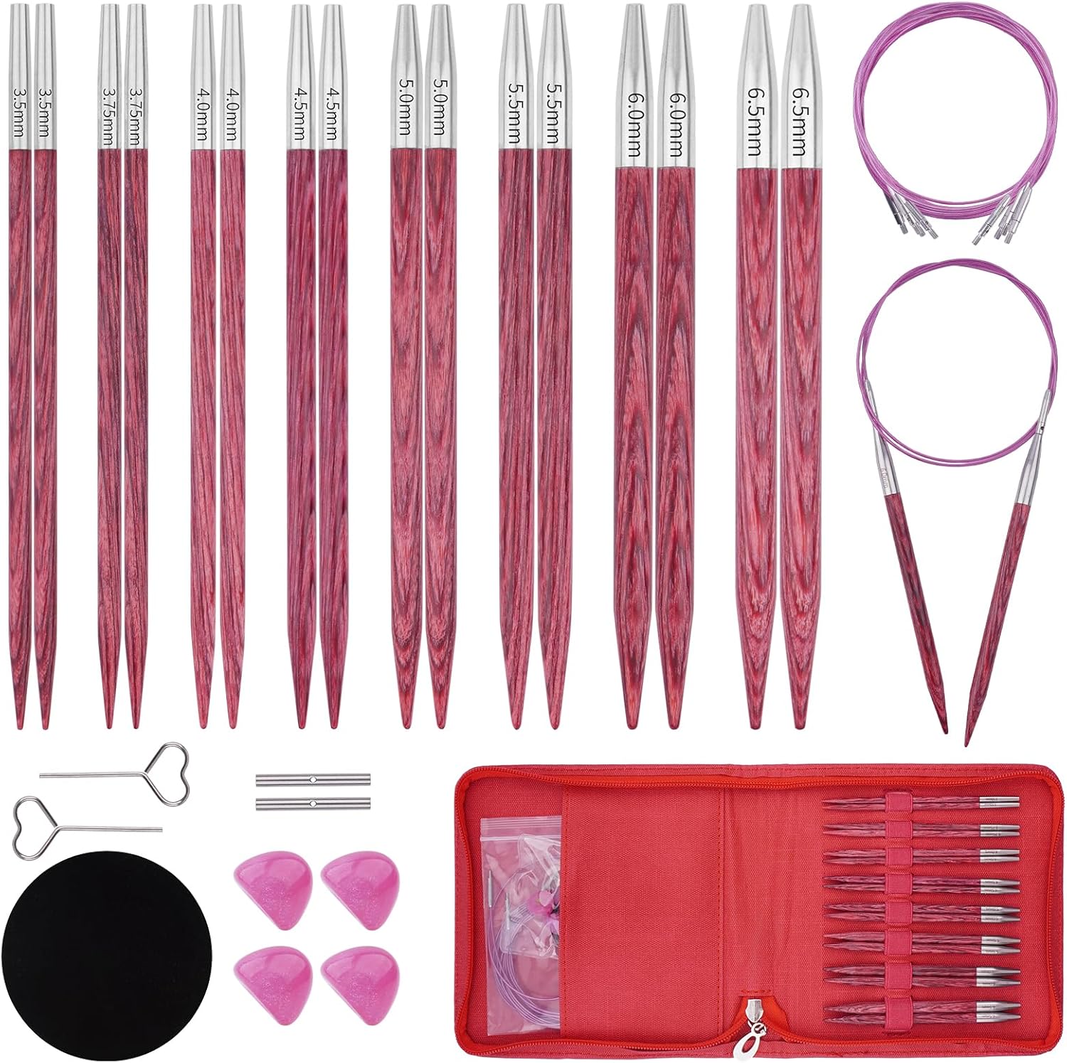 Weabetfu 4.3-inch (11cm) Interchangeable Circular Knitting Needles Set Birch Wood Circular Needles US Sizes 4,5,6,7,8,9,10,10.5 with Round Knitting Needle with Flexible Cables,8 Pairs