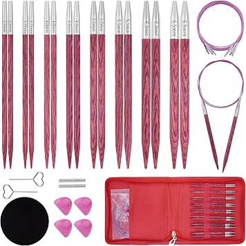Weabetfu 4.3-inch 11cm Interchangeable Circular Knitting Needles Set Birch Wood Circular Needles US Sizes 4,5,6,7,8,9,10,10.5 with Round Knitting Needle with Flexible Cables,8 Pairs