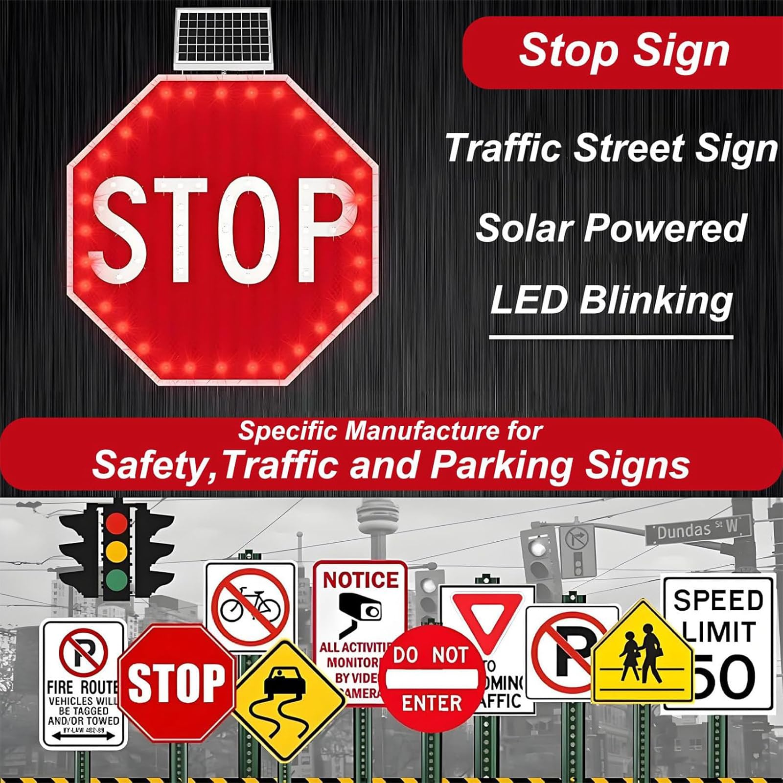 Segnale di Stop ad energia Solare, Segnale di Stop Lampeggiante a LED, segnaletica di Avvertimento per Il Traffico pedonale in Alluminio, Pellicola Riflettente di qualità Tecnica 30in