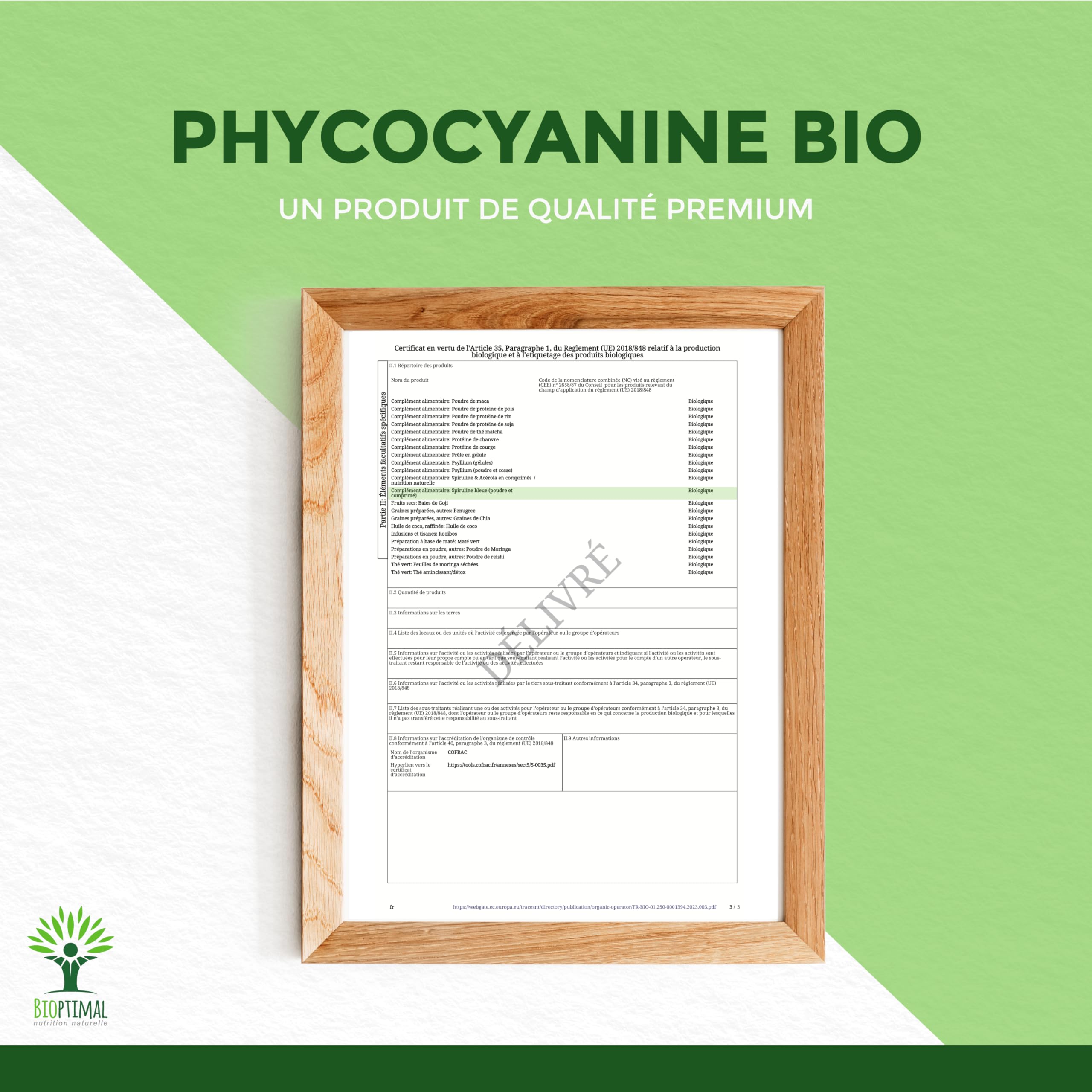Spiruline Bleue Bio - Bioptimal - En Poudre - 30% Phycocyanine Blue 80% Protéines - Colorant Alimentaire Bleu Intense - Cuisine Recette - Contrôlé et Conditionné en France - Certifié Par Ecocert - 50g