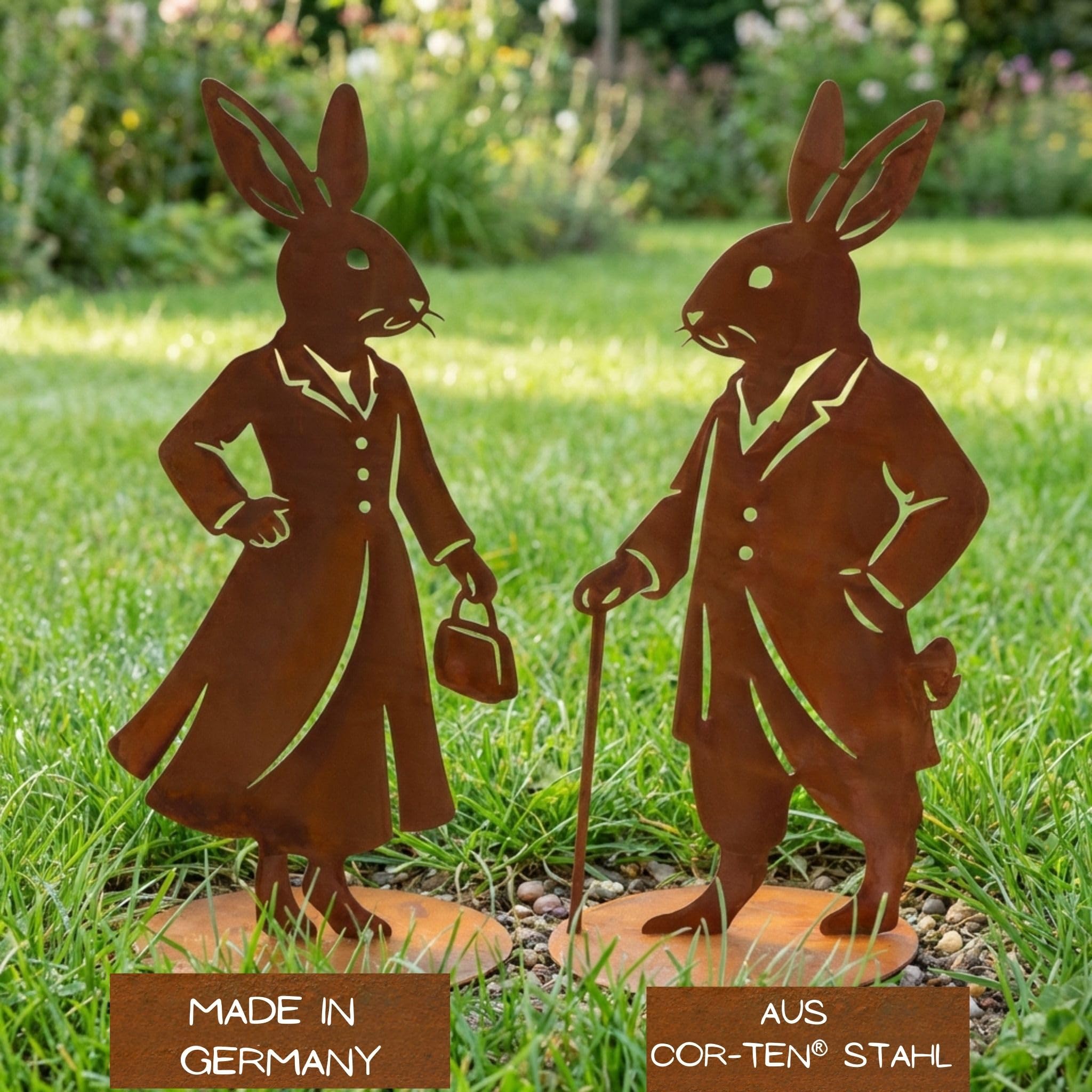 Rostikal Dekoratives Rost Hasenfiguren Set für Garten, Wohnbereich & Tischdeko – Osterdeko aus Metall mit Bodenplatte als stehende Hasen Dekofigur