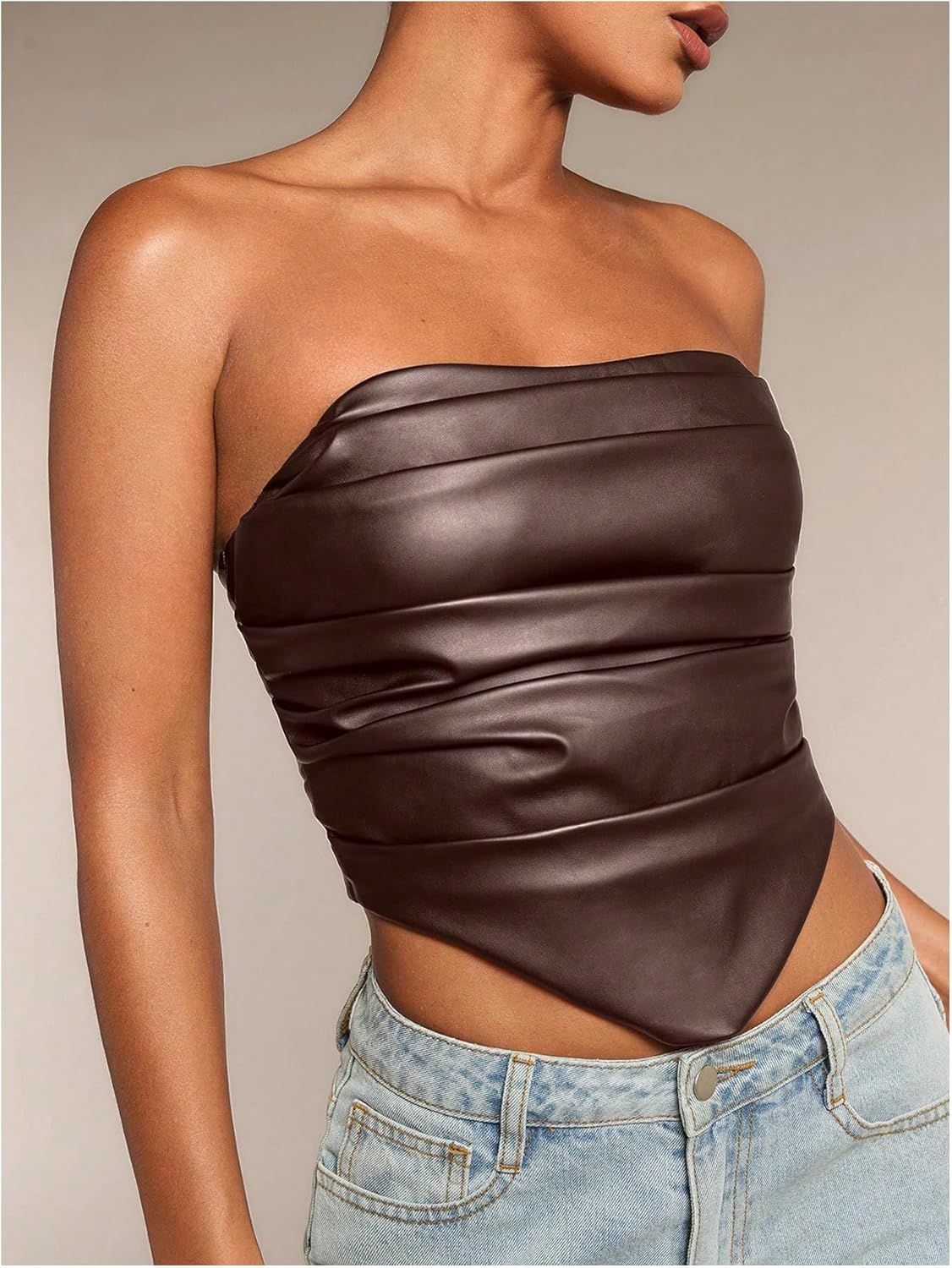 Milumia Women's PU Leather Ruched Tube Top Strapless Sleeveless Asymmetrical Hem Tops - Image 4