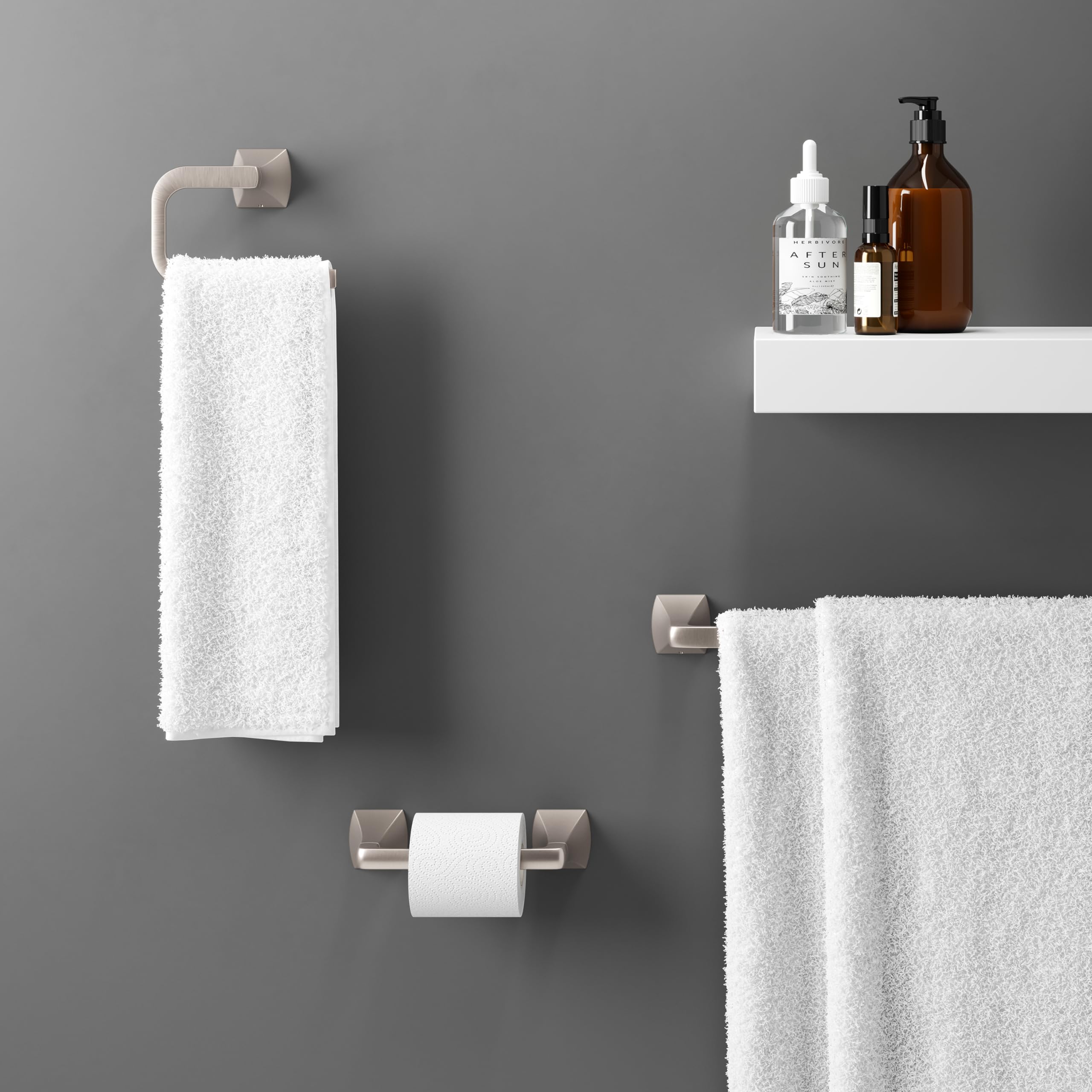 Pfister Bruxie BTBBIE3GS - Juego de accesorios de baño de 3 piezas con toallero, anillo de toalla y soporte para papel higiénico, montaje en pared, acabado de níquel cepillado de defensa contra puntos