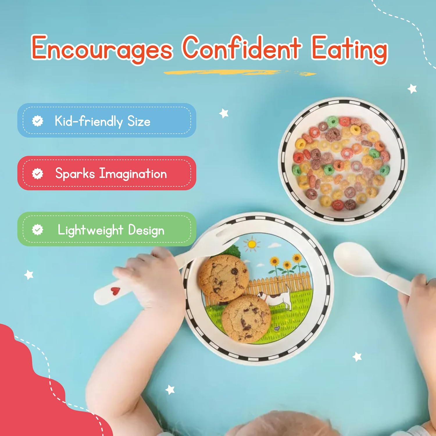 Jack Rabbit Creations Toddlers and Kids Bamboo Dish Set - 5-Piece, Dishwasher Safe, BPA-Free