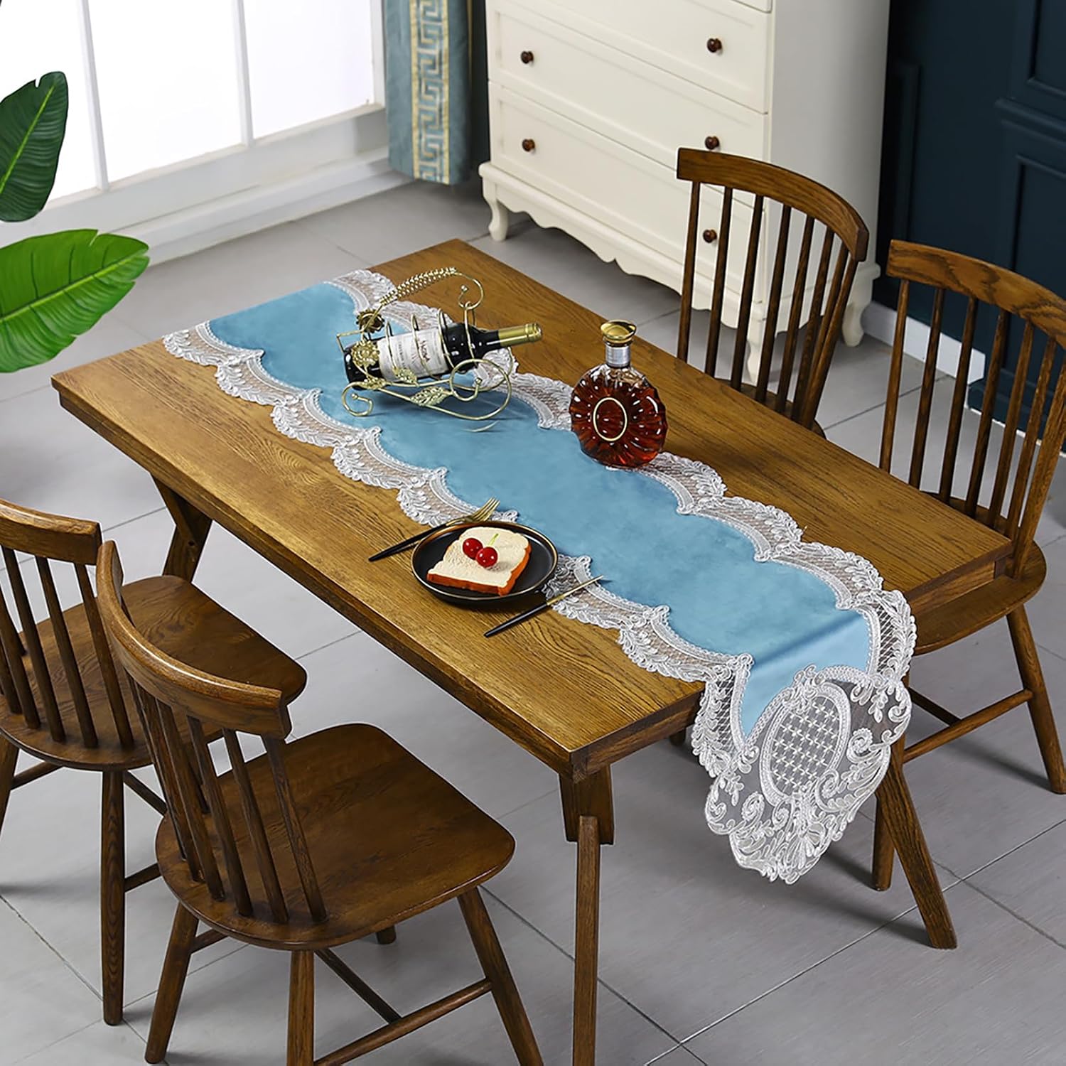 Hsvanyr Blue Lace Table Runner Dresser Scarf Macrame Embroidered Tablecloth with Exquisite Flower Rectangular Table Runner Dresser Scarf Doilies ,15inch by 71inch