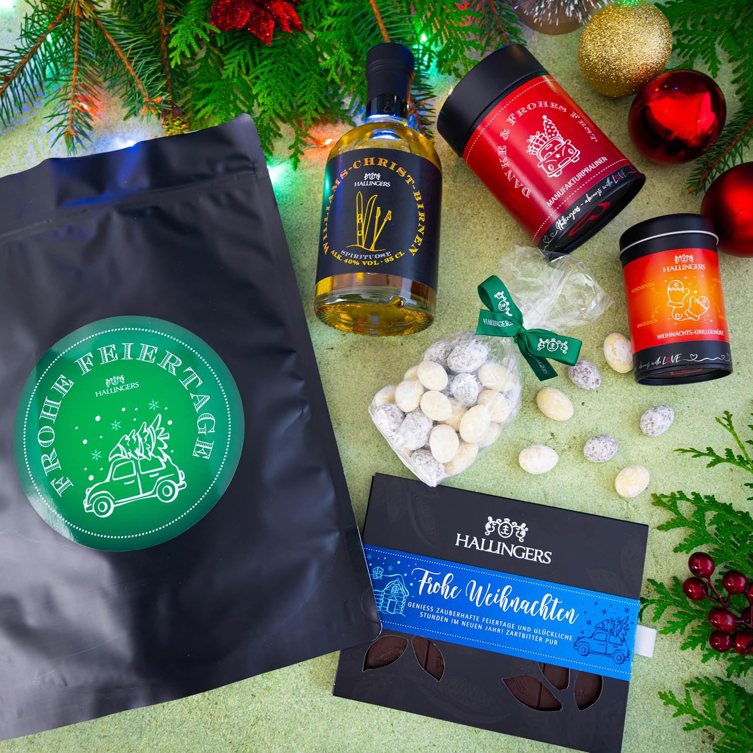 Hallingers Genuss Manufaktur Feinkost Weihnachts-Geschenk-Set - XXL-Wundertüte "Frohe Feiertage" großes Mitbringsel Schokolade, Pralinen, Mandeln, Gewürz & Williams-Christ, Weihnachten für Frauen
