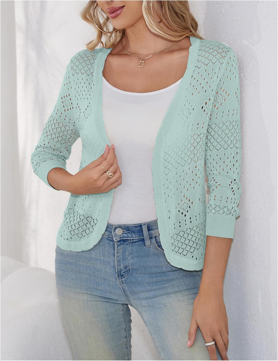 REDHOTYPE Women's 3/4 Sleeve Cardigan Open Front Cropped Shrugs Summer Hollowed Lightweight Cardigans Sweater (S-XL) - Image 3