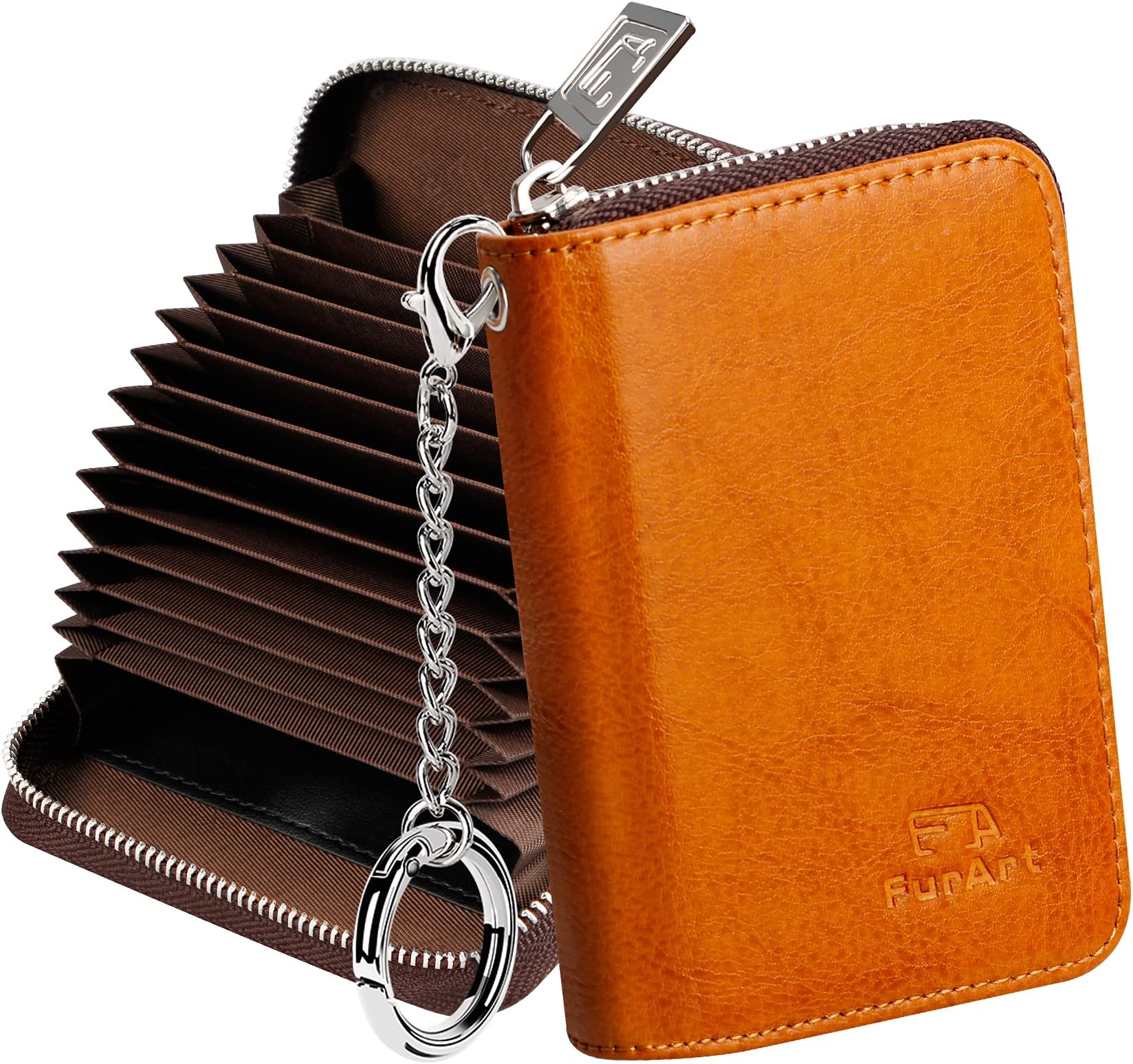 FurArt Credit Card Wallet, Zipper Card Cases Holder for Women, RFID Blocking, KeyChain Wallet, Compact Size, Brown, Small, Classic