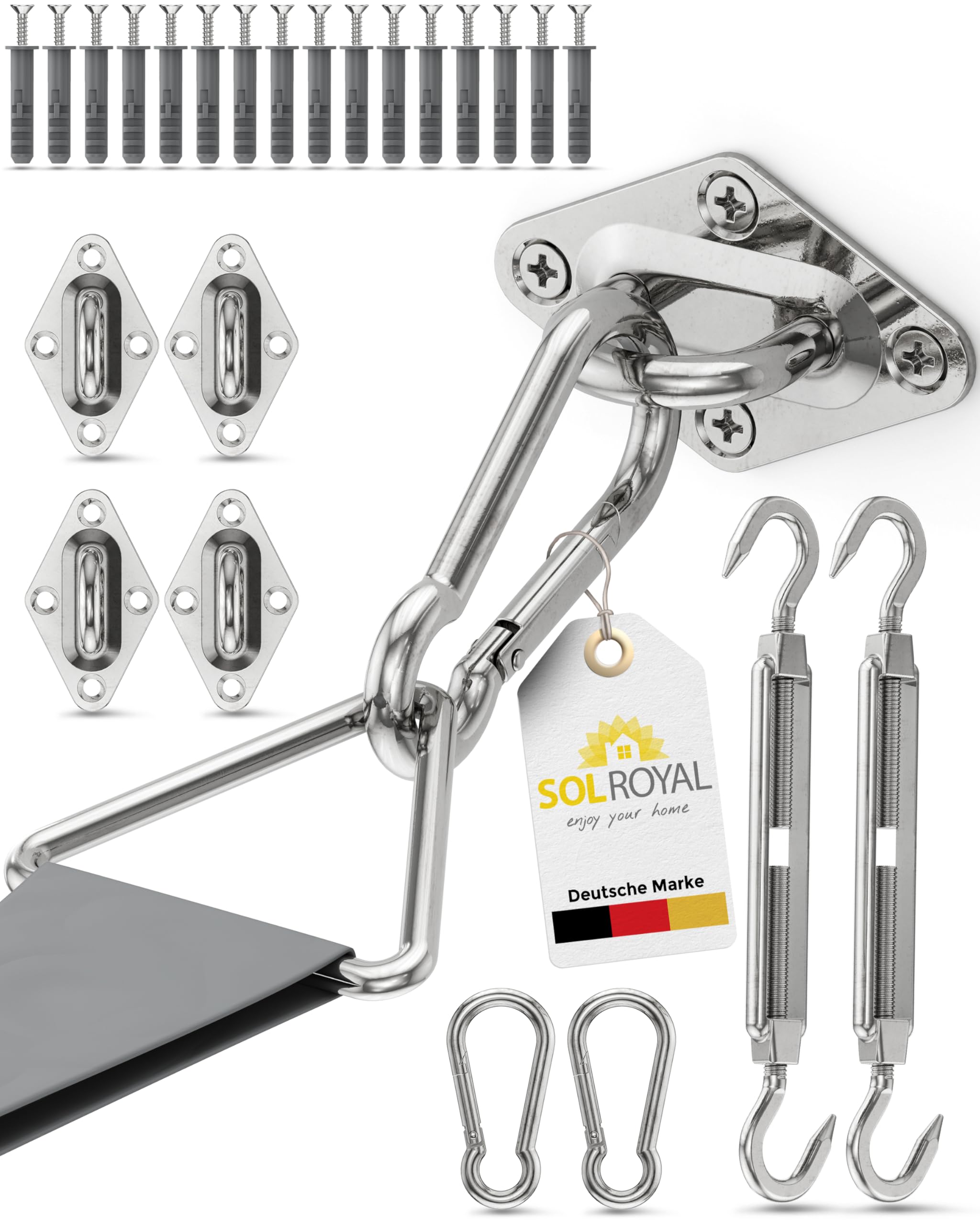 Sol Royal Sonnensegel Befestigung Set Montageset M5 – Halterung für Sonnen Segel Befestigungsset Rostfreier Edelstahl