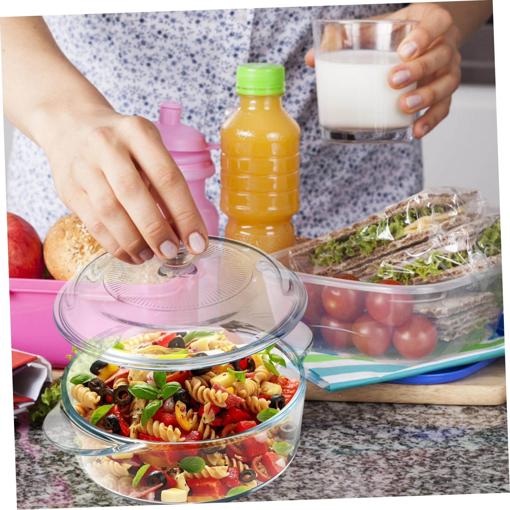 SECFOU Salatschüssel aus Glas mit Deckel Große Schüssel für Servieren und Aufbewahrung Glasschüssel für Küche und Party