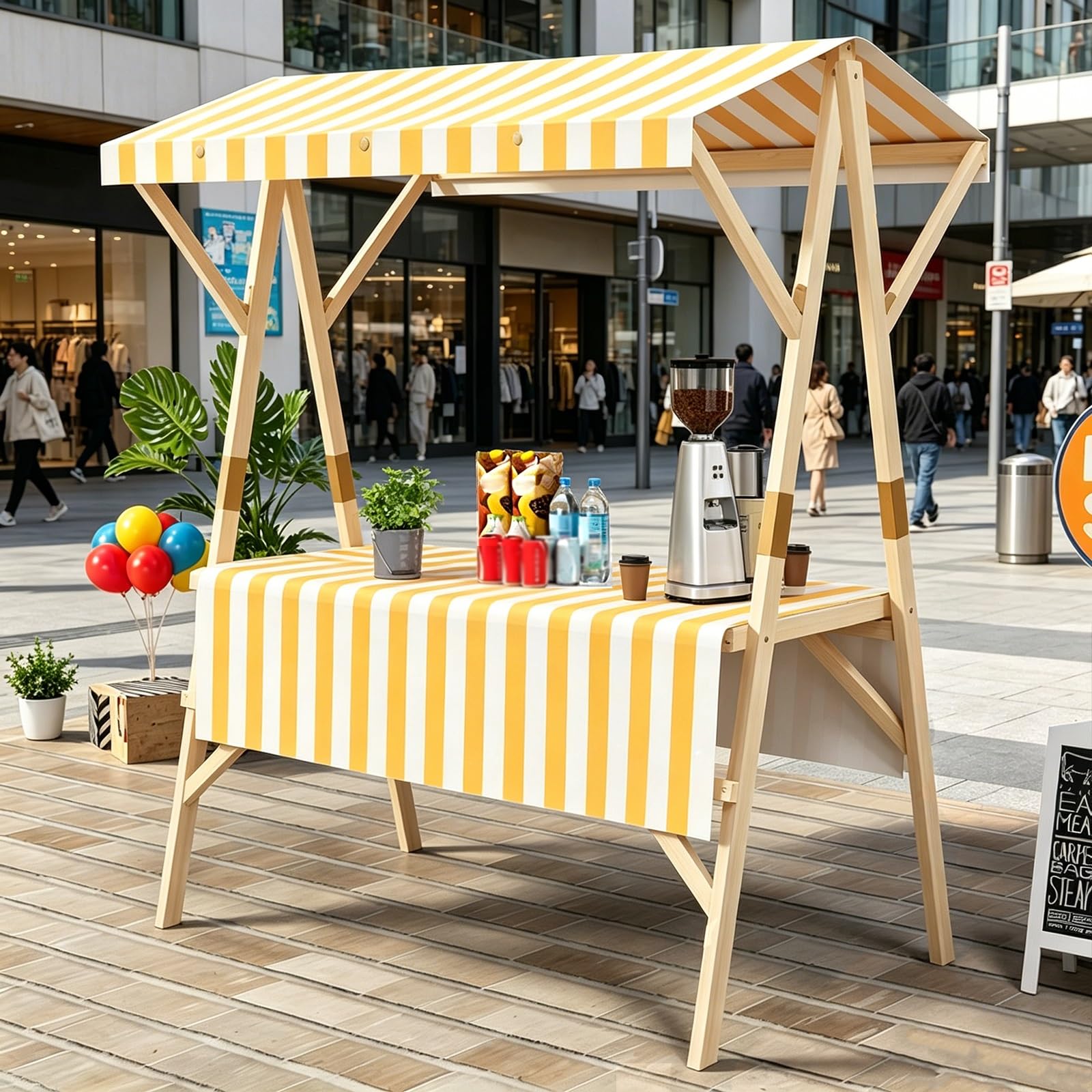 Carretto da Esterno per Venditori con Tettoia, Carretto Portatile per Alimenti, Stand Espositivo Pieghevole, Bancarella in Legno, per Mercati, Fiere Ed Eventi(Yellow,120cm/47.2in)